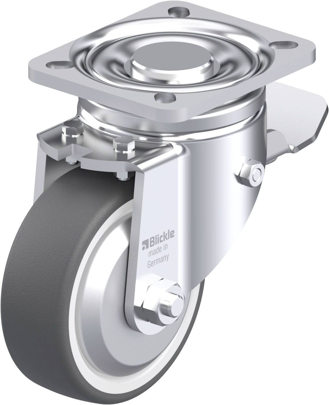 Ein drehbares Lenkrolle mit einer robusten Metallhalterung und gummibereiftem Rad, geeignet für Schwerlastanwendungen.