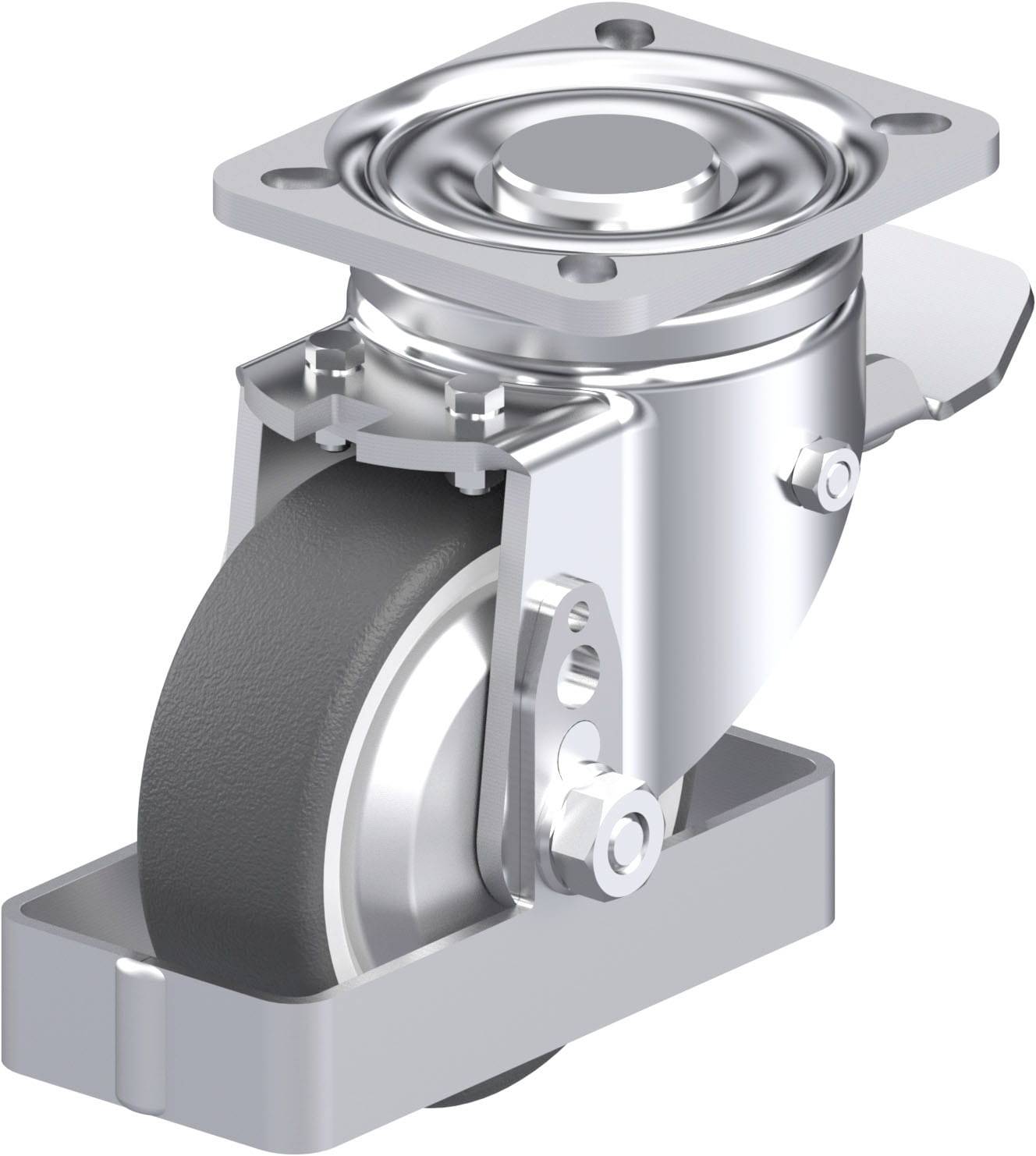 Eine robuste Lenkrolle aus Metall mit einem schwarzen Rad, montiert für schwere Lasten. Sie ist drehbar und kann fixiert werden.