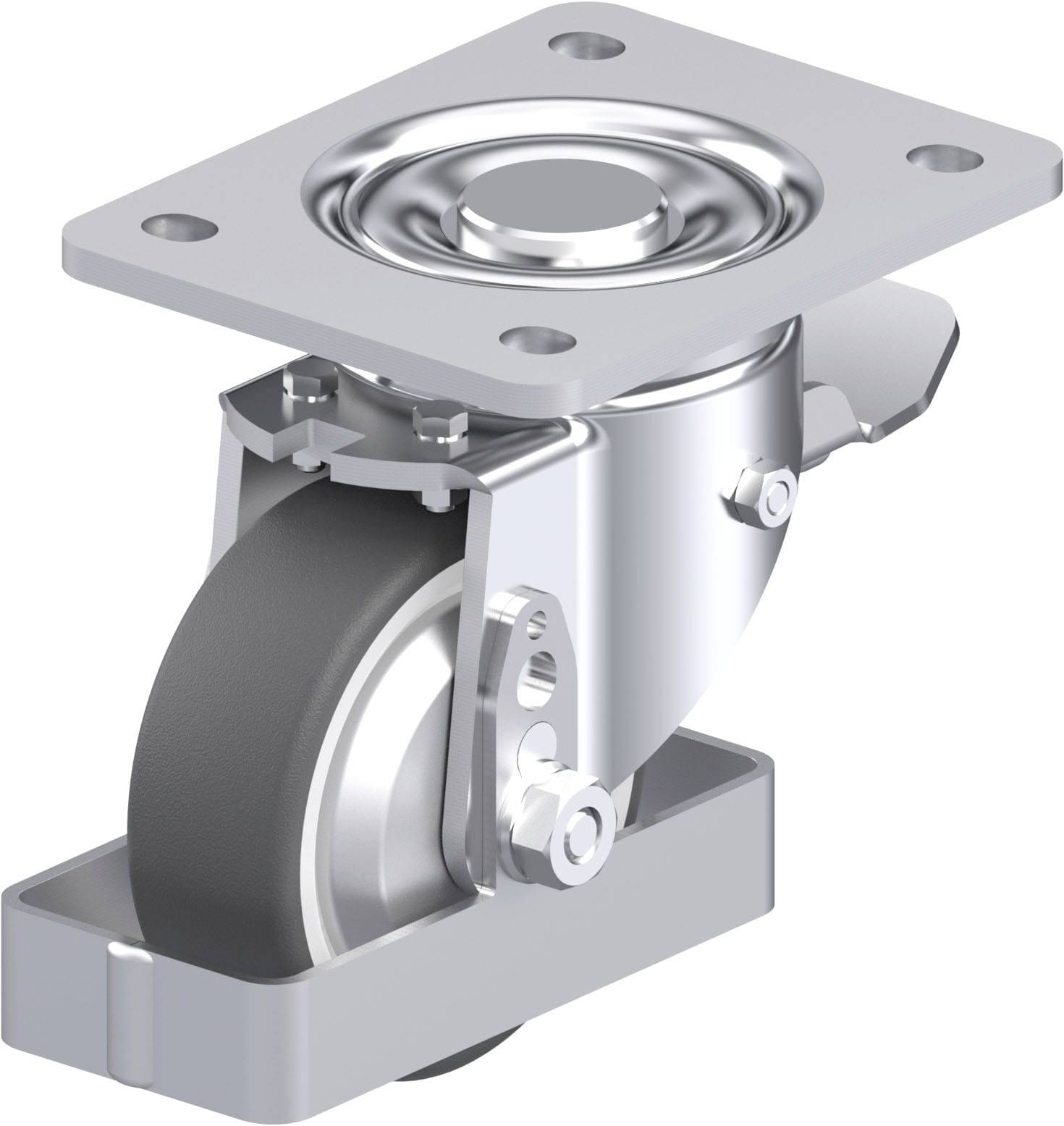 Metallrolle mit Halterung, für Möbel oder Transportgeräte, glänzende Oberfläche.