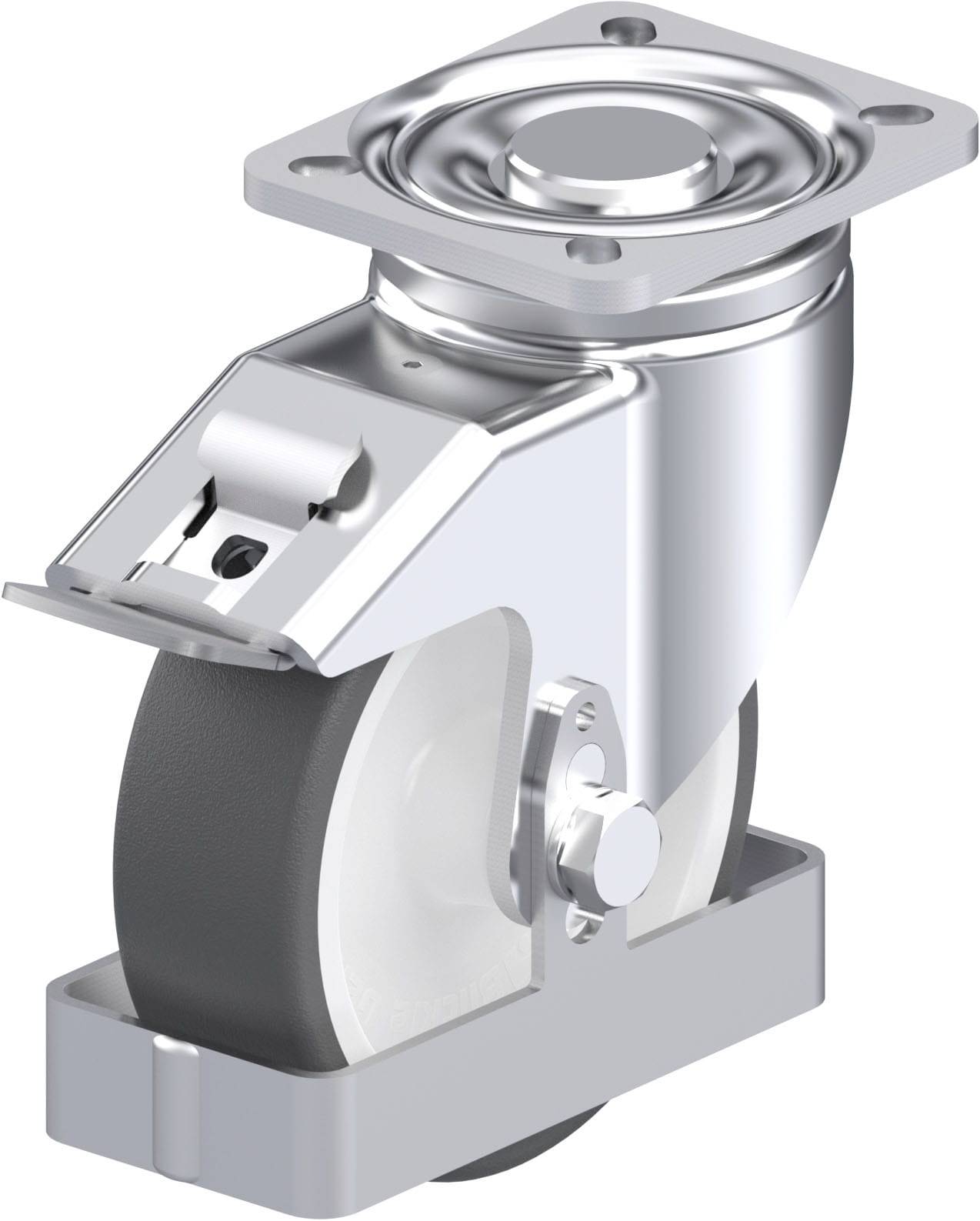 Industrie-Schwenkrolle mit Metallgehäuse und schwarzem Gummirad. Verwendet für bewegliche Maschinen und Ausrüstungen.