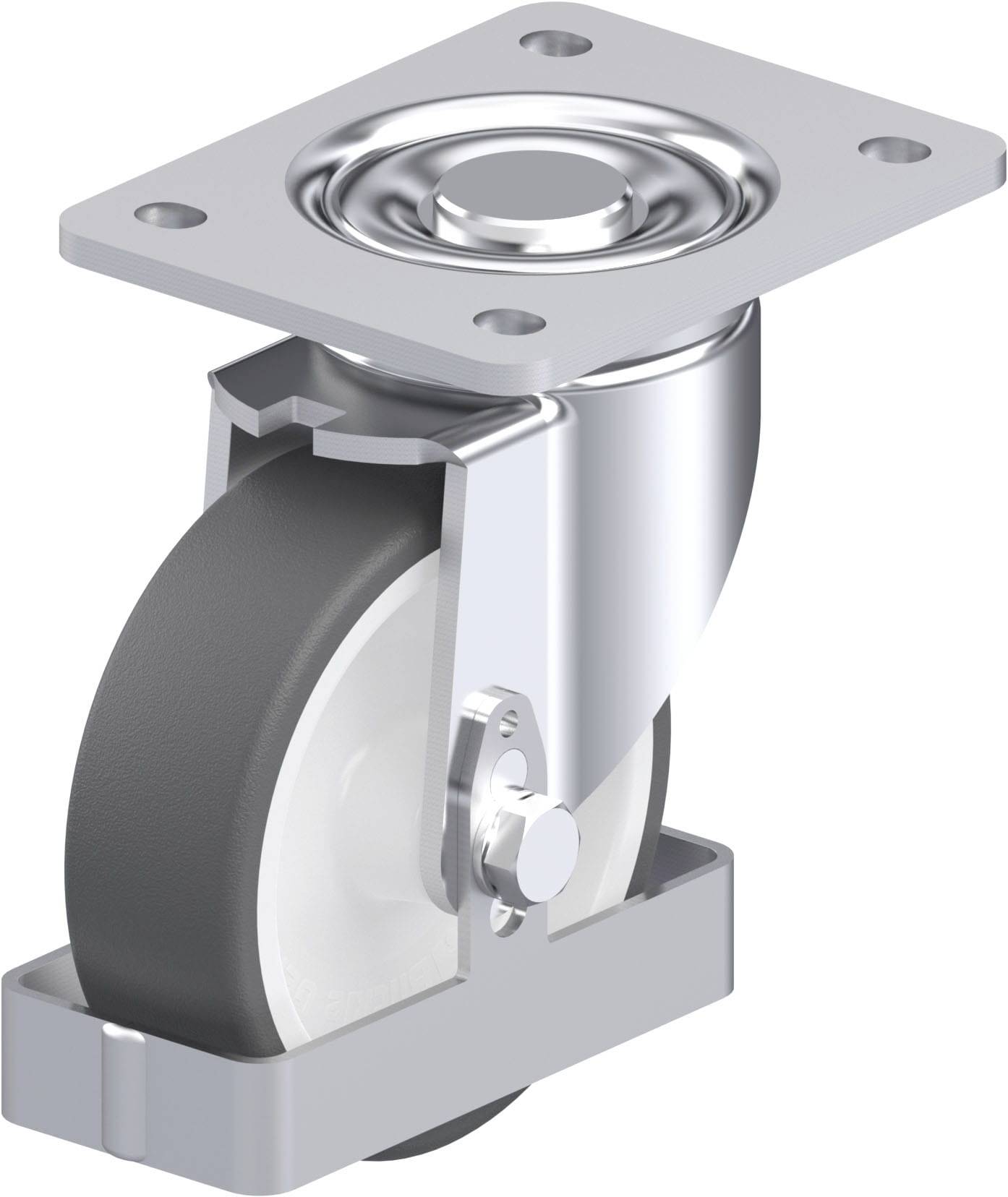 Silberne Lenkrolle mit schwarzem Rad und Metallplatte, geeignet zur Montage an Möbeln für einfache Beweglichkeit.