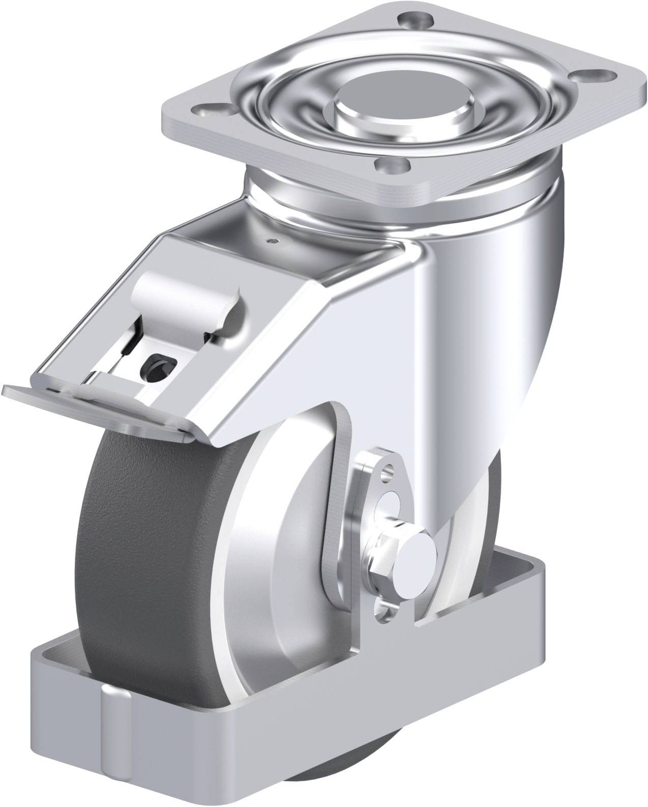 Ein drehbares Rad aus Metall mit einer rechteckigen Befestigungsplatte, geeignet für Möbel oder Transportwagen.