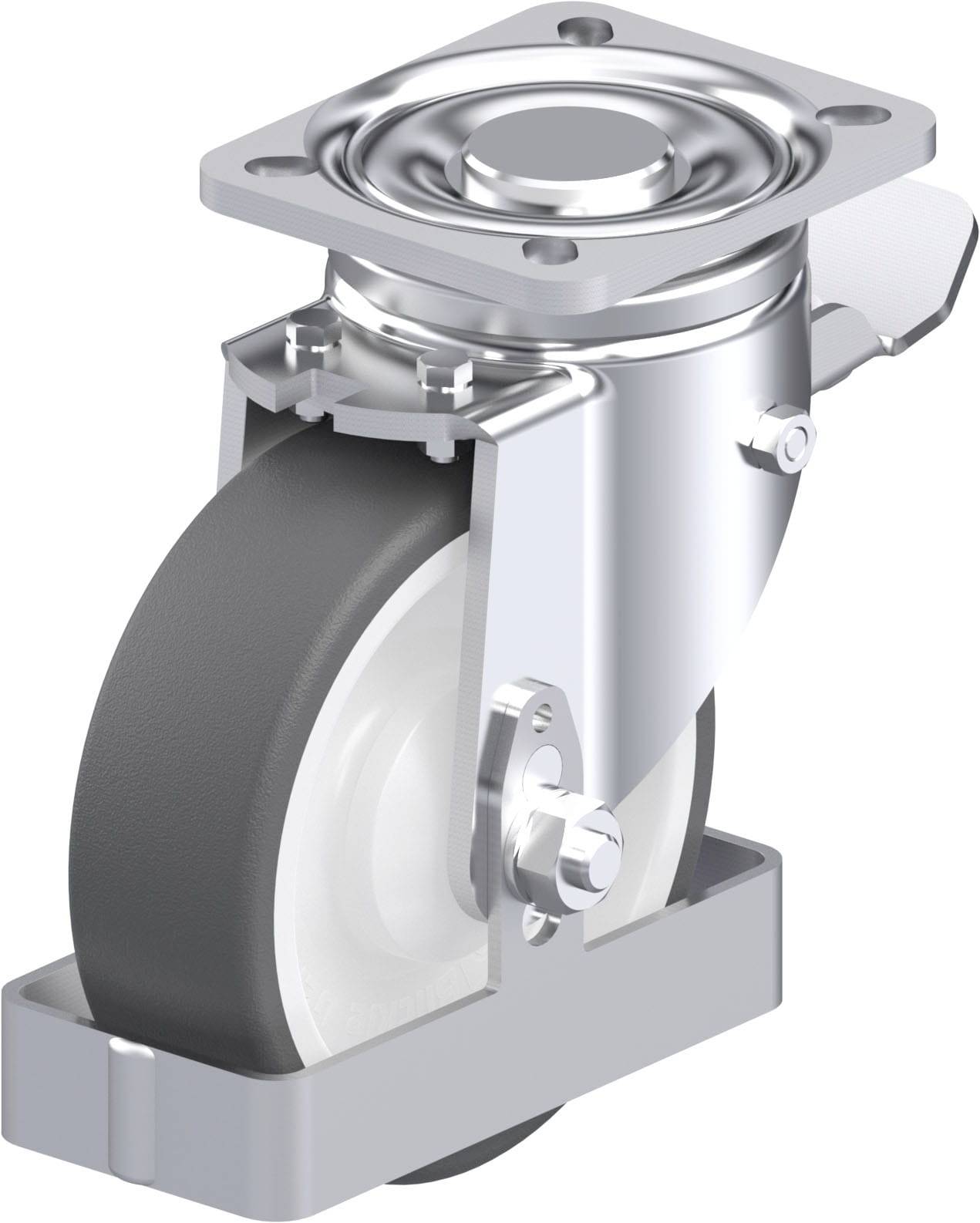 Lenkrolle mit grauem Kunststoffrad, metallischer Halterung und Befestigungsplatte, geeignet für schwere Lasten.