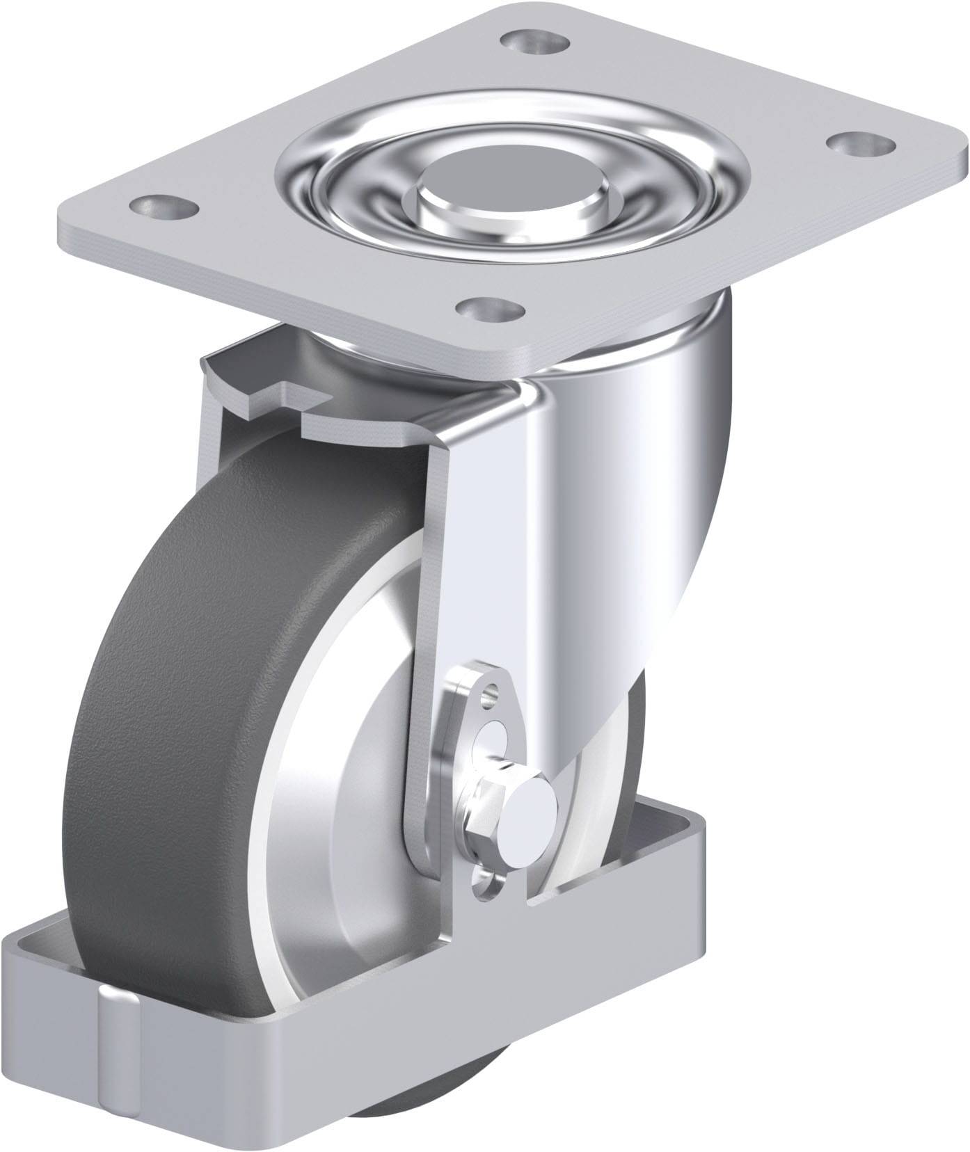 Schwenkrolle mit silbernem Metallgehäuse und schwarzem Rad; geeignet für Möbel oder Geräte, die flexible Bewegung erfordern.