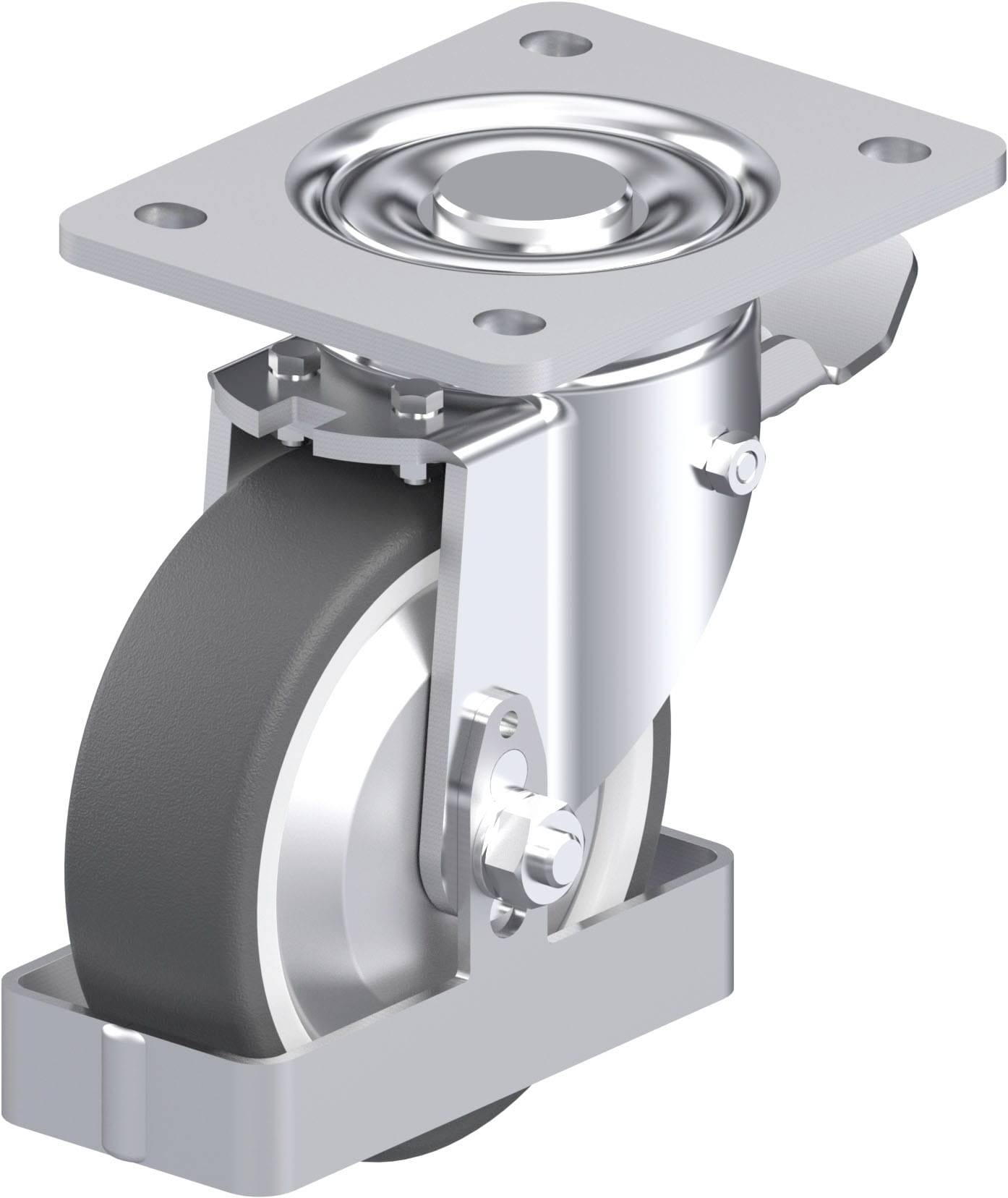 Metallrolle mit Halterung für Möbel oder Maschinen, glänzend mit schwarzem Rad und Befestigungsplatte, seitliche Ansicht.