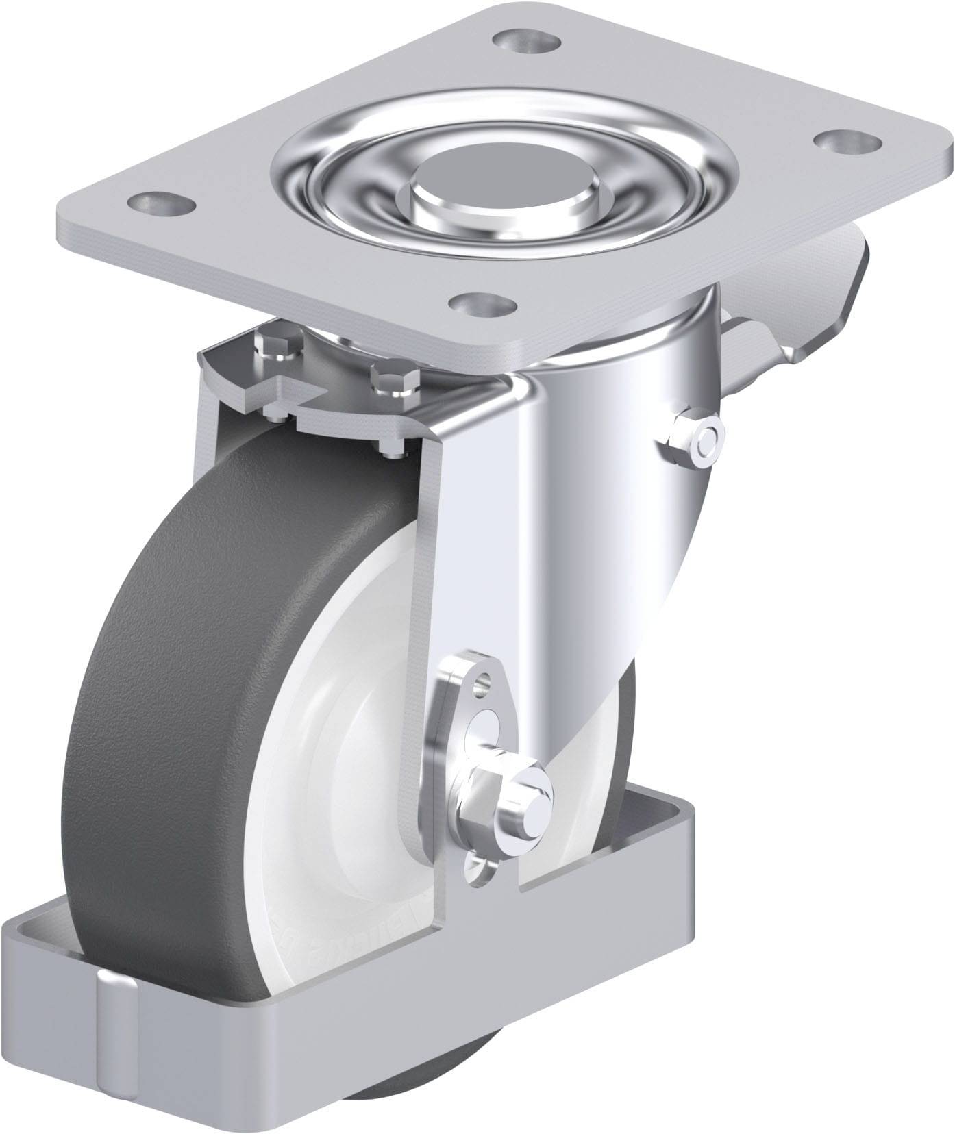 Das Bild zeigt ein silbernes Lenkrollenrad mit schwarzem Gummi und Metallhalterung, geeignet für Möbel oder Transportgeräte.