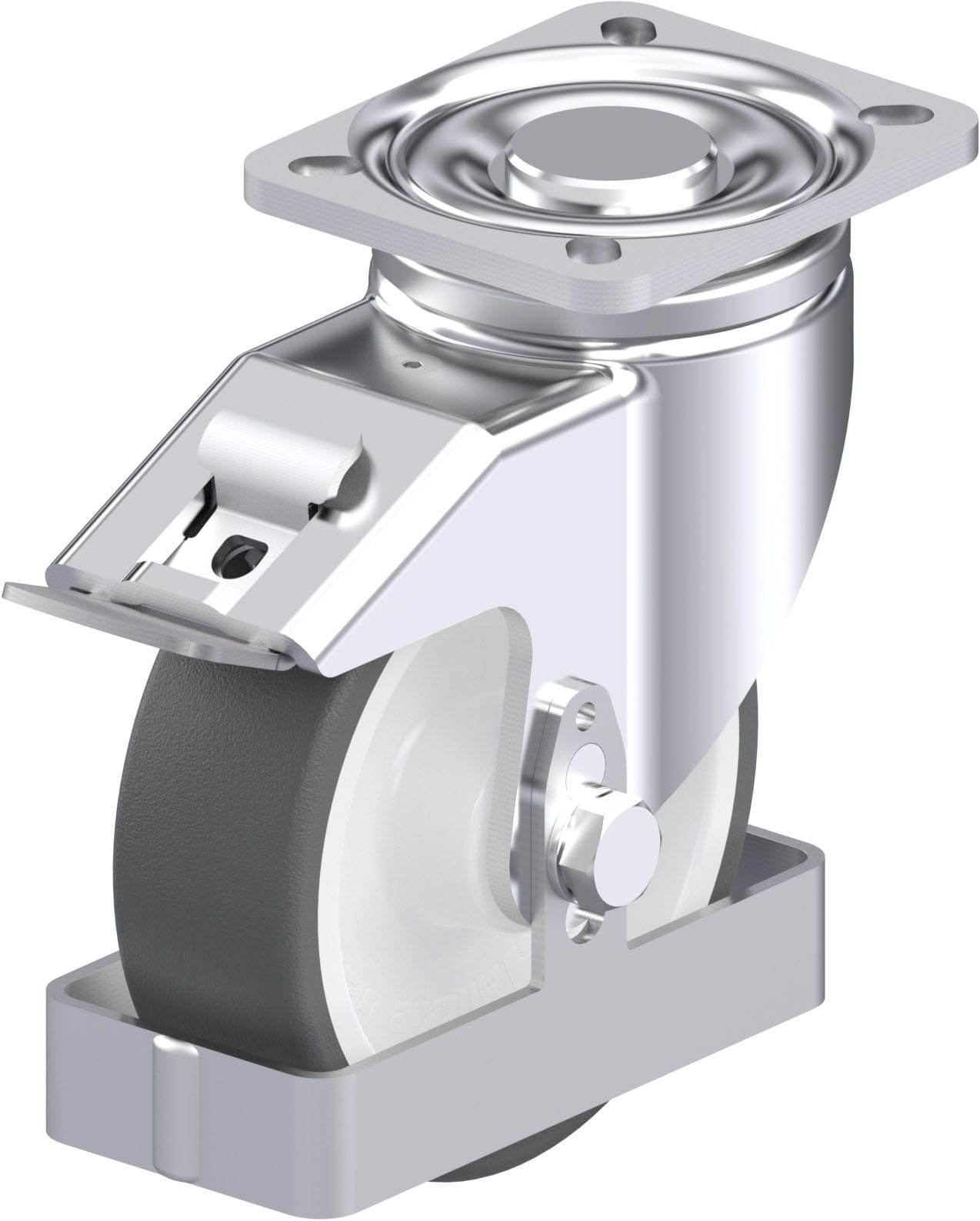 Schwenkrolle mit Metallhalterung und schwarzem Rad, geeignet für Transportwagen oder Möbel für reibungslose Bewegung und Stabilität.