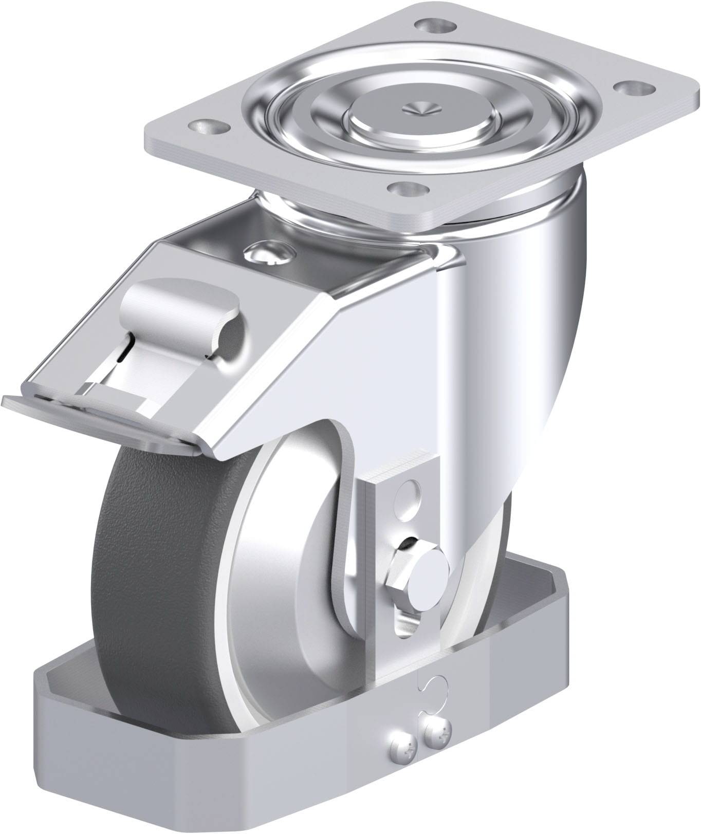 Metall-Lenkrolle mit grauem Rad und rechteckiger Montageplatte, geeignet für Industrieanwendungen.