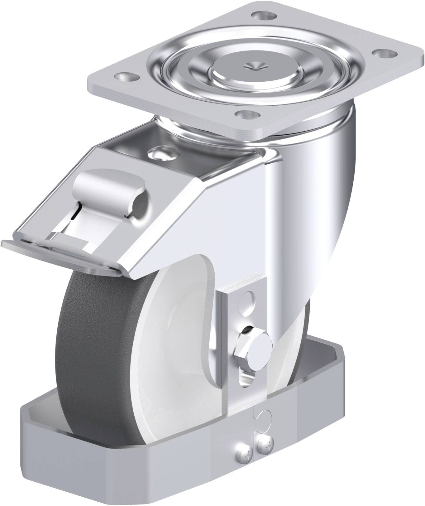 Metallisches Lenkrolle mit Bremse und grauem Rad, geeignet für Industrieanwendungen.