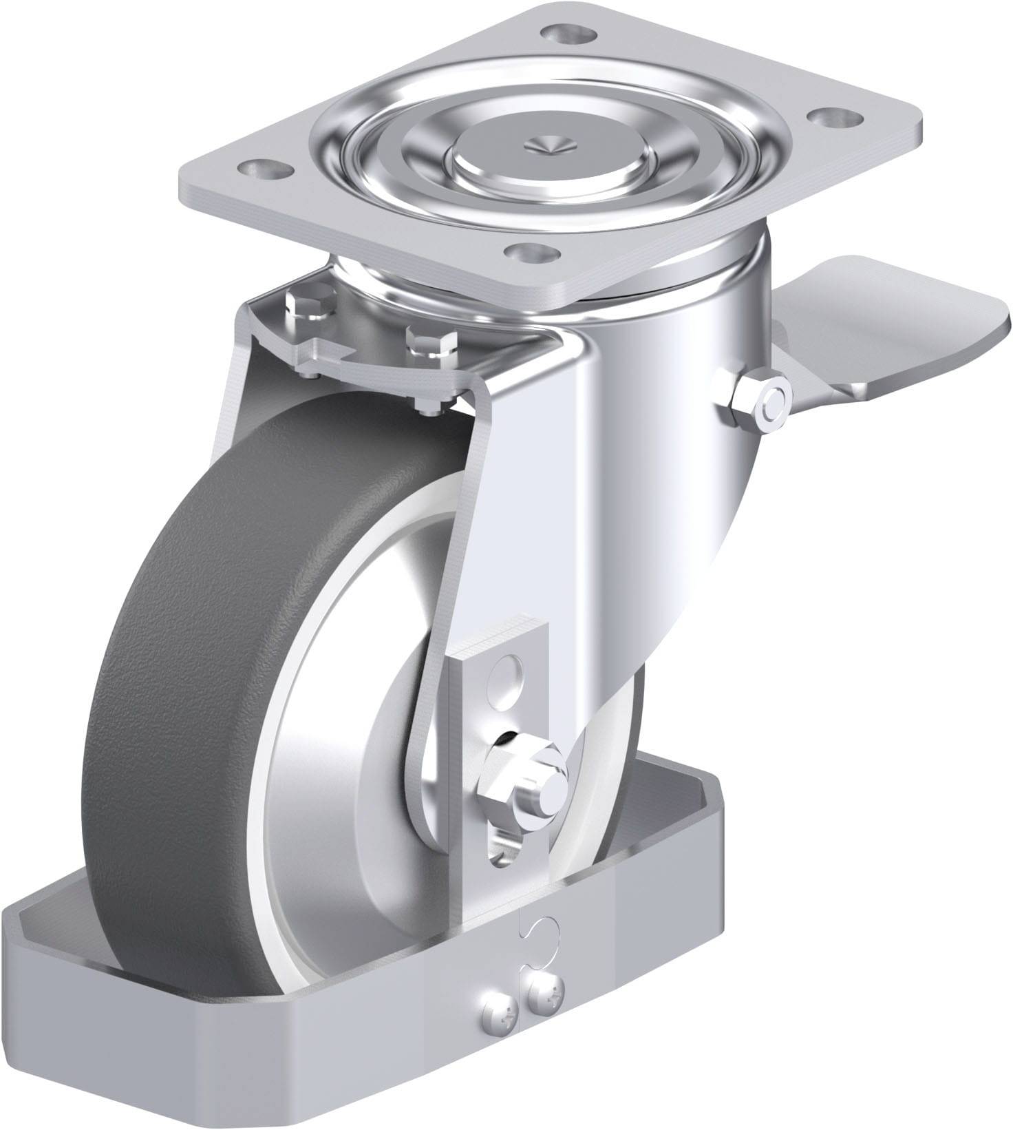 Industrie-Rollenrad mit Halterung und Bremse, geeignet für schwere Lasten. Silbernes Metallgehäuse mit schwarzem Reifen.