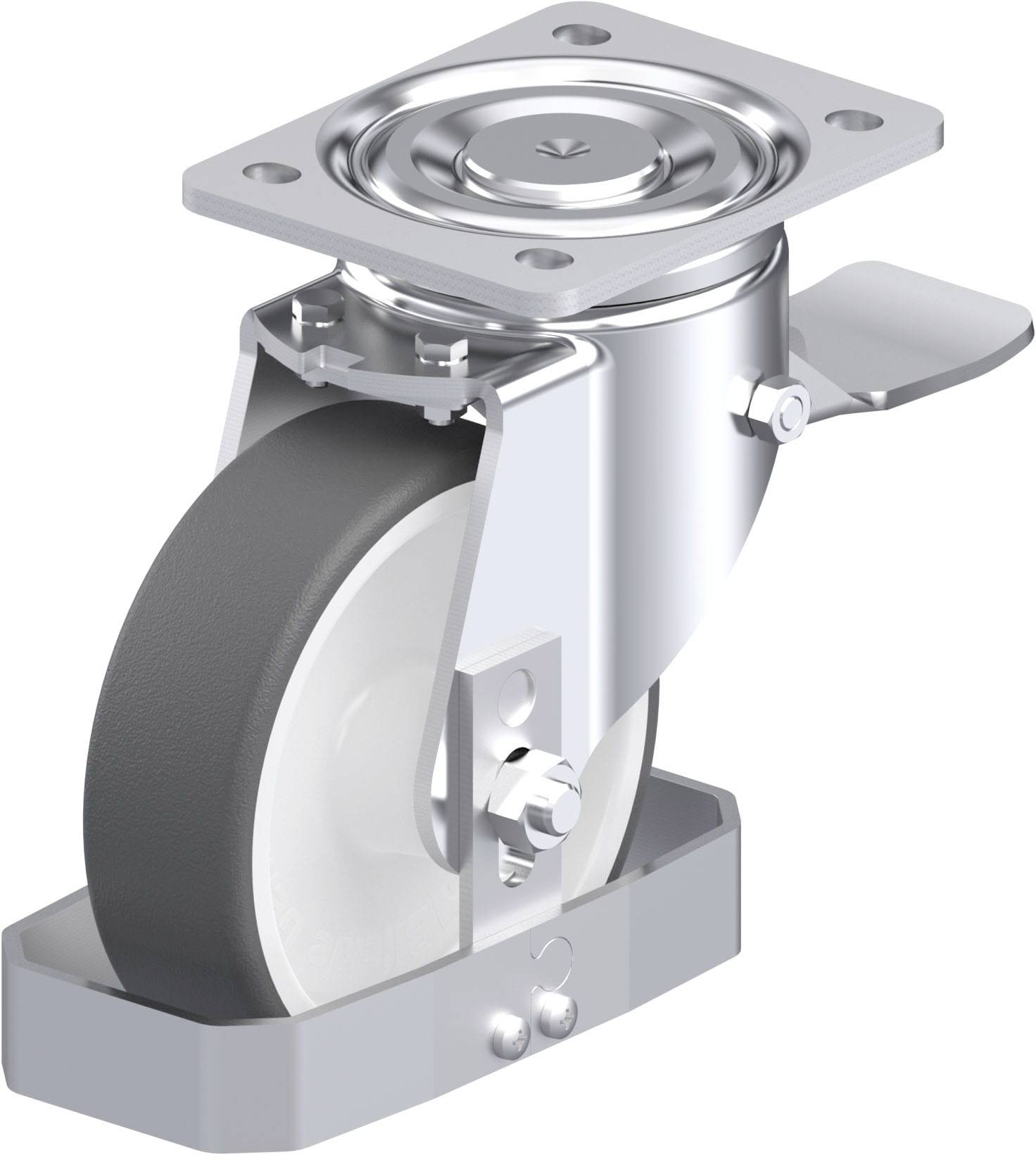 Ein drehbares Möbelrad mit rechteckiger Befestigungsplatte und Bremse, geeignet für schwere Lasten. Gefertigt aus Metall und Kunststoff.