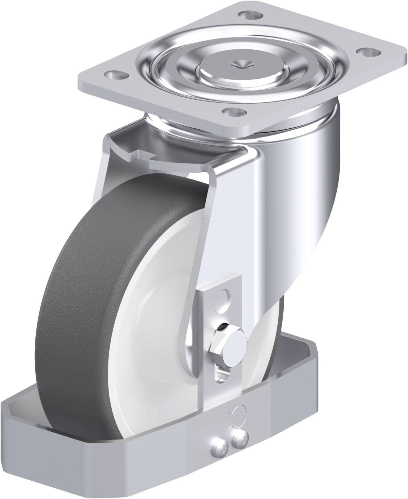 Metallisches Gehäuse mit schwenkbarem Rad, geeignet für Möbel oder Geräte mit beweglichen Teilen.