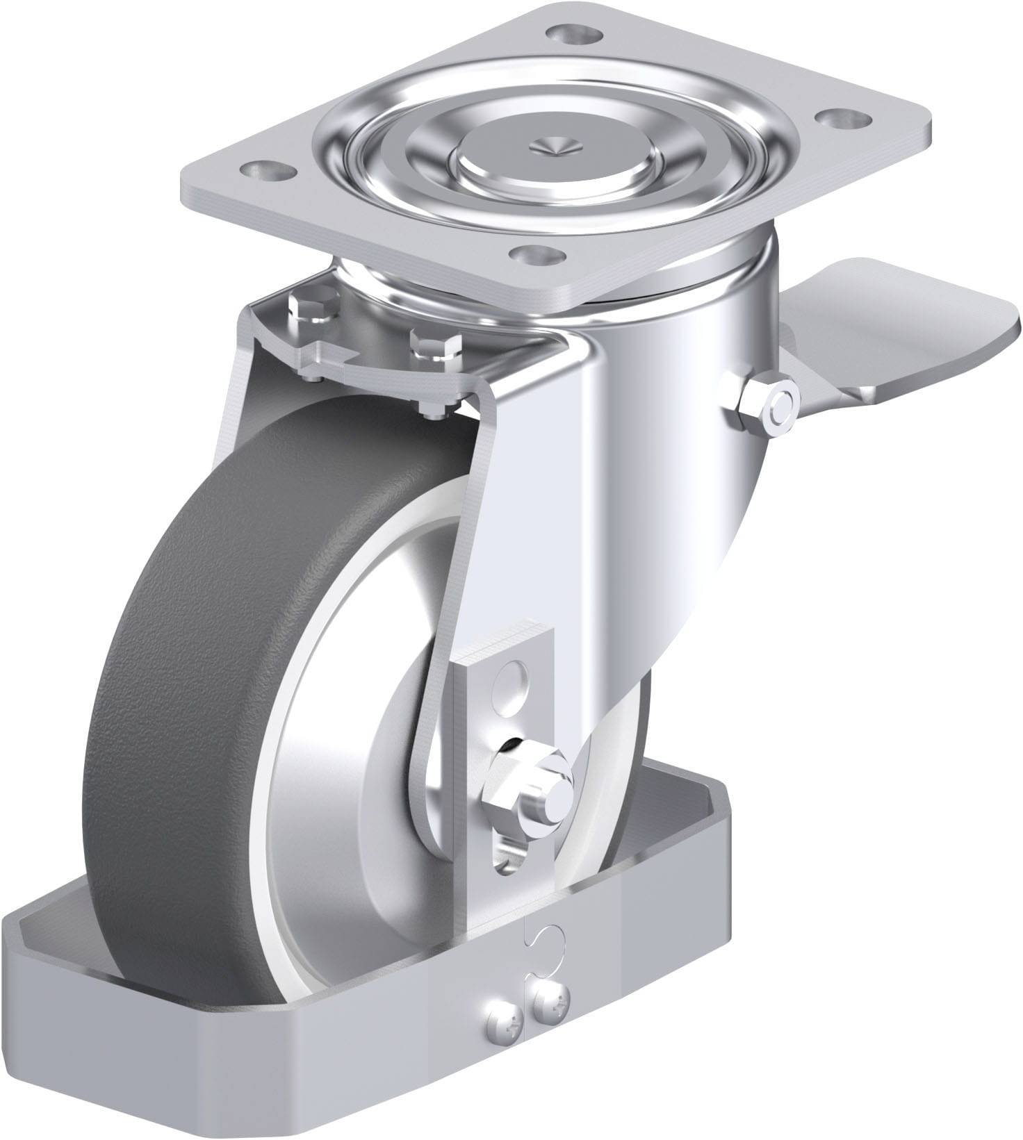 Schwenkrolle aus Metall mit grauem Rad, Montageplatte und Feststeller, verwendet für bewegliche Strukturen oder Geräte.