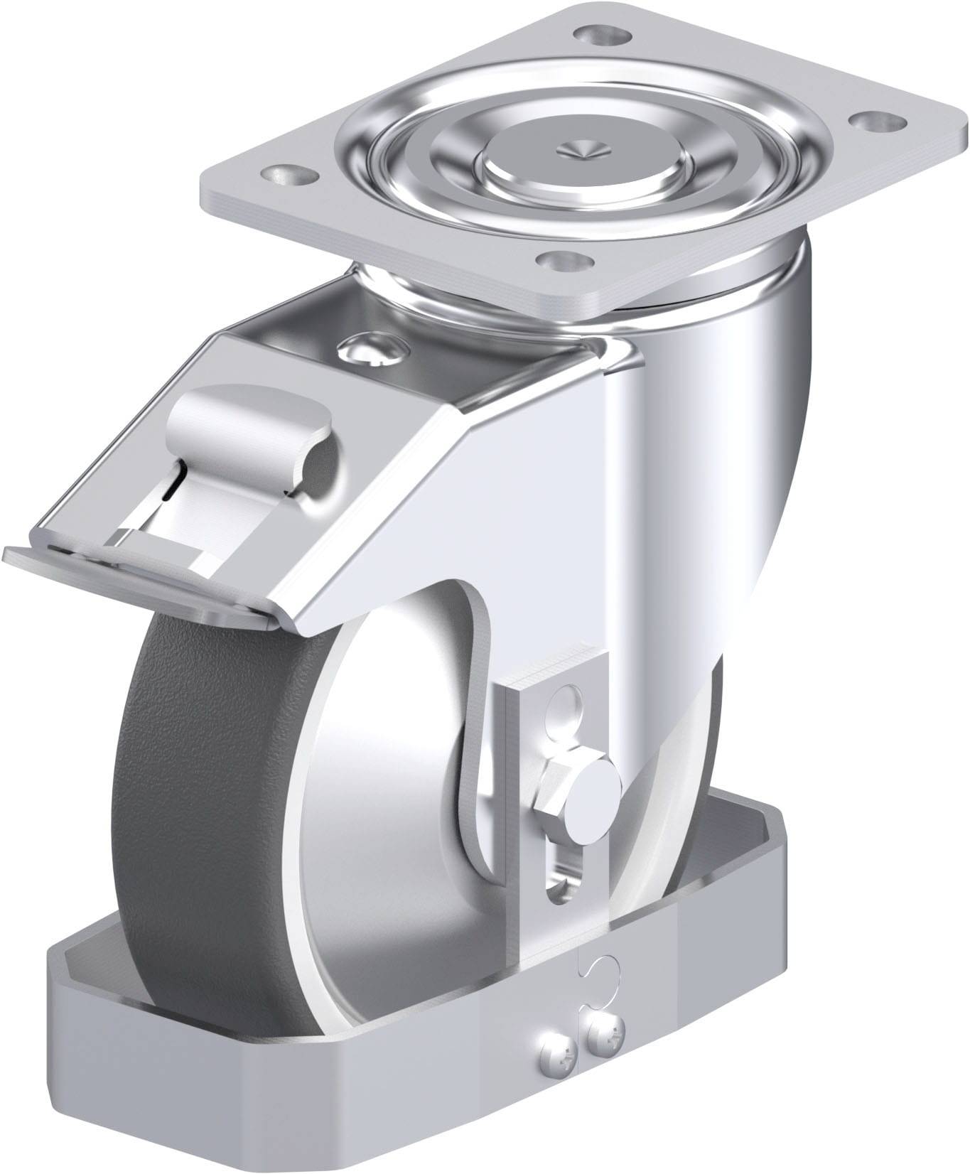 Industrie-Lenkrolle aus Metall mit grauem Rad und Montageplatte, geeignet für Schwerlastanwendungen in der Logistik oder Produktion.