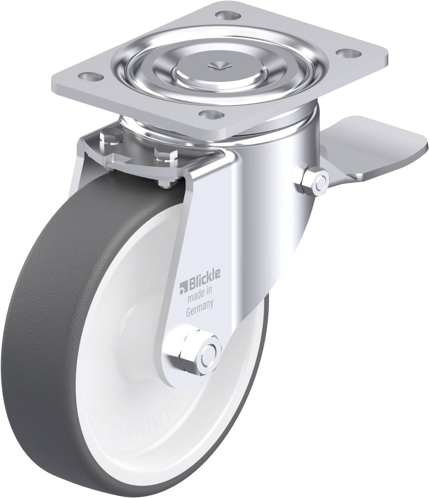 Metallrolle mit grauer Gummibereifung und Halterung; geeignet für industrielle Anwendungen. Hergestellt in Deutschland.