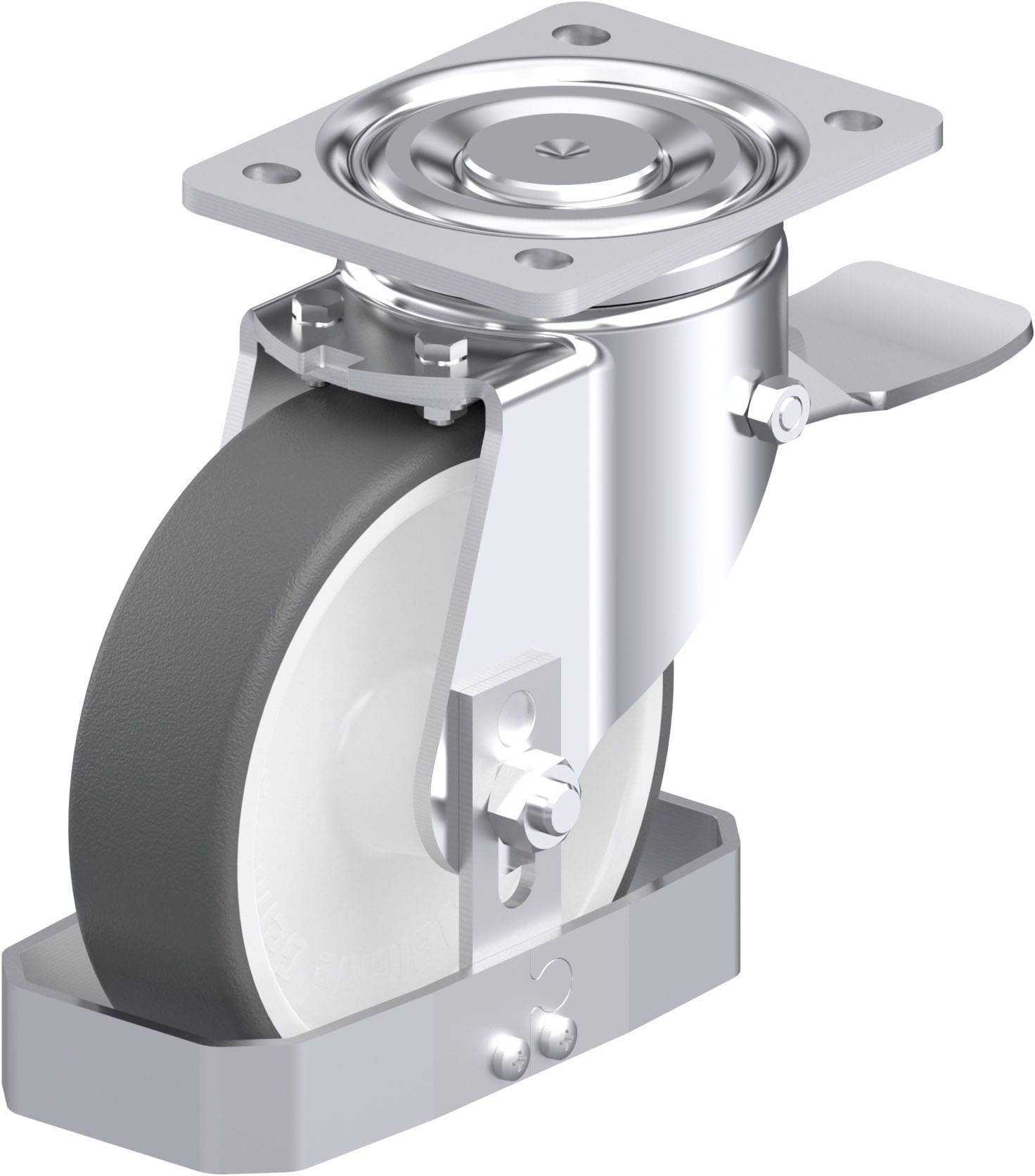 Lenkrolle aus Metall mit grauem Rad und Platte zum Befestigen.