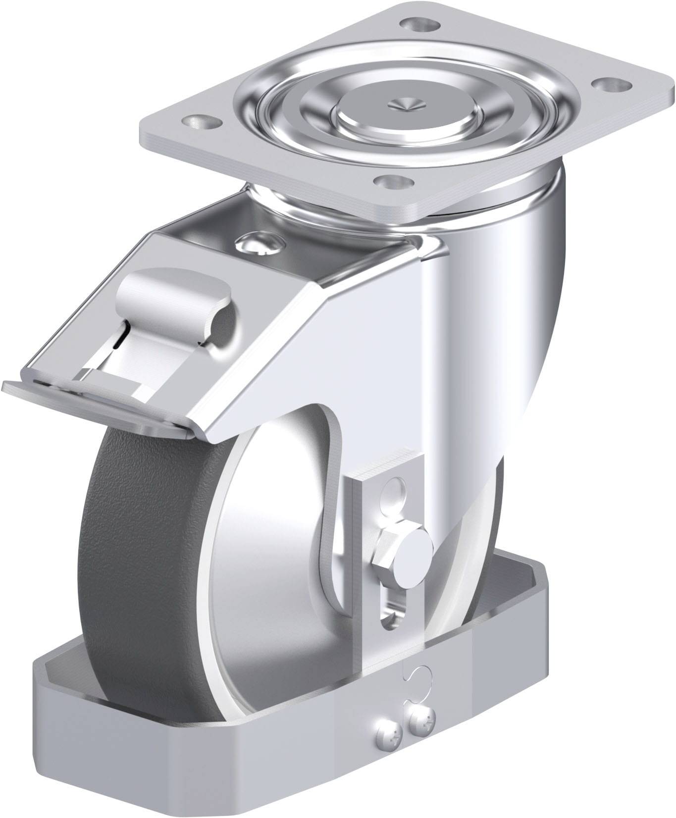 Metallisches Schwerlast-Lenkrollenrad mit Befestigungsplatte und Bremse, geeignet für industrielle Transportplattformen.