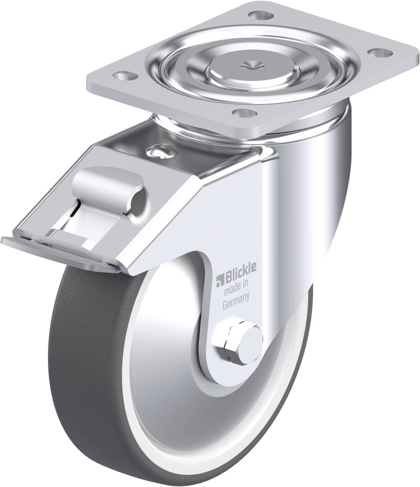 Ein drehbares Rad mit Bremse, montiert auf einer Metallplatte. Markiert mit 'Blickle, made in Germany'. Ideal für industrielle Anwendungen.