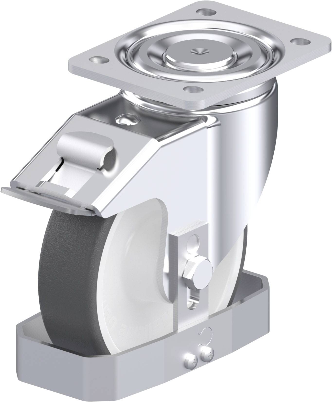 Metallrolle mit Halterung, geeignet für schwere Lasten, robuste Bauweise, silberfarben. Ideal für Möbel oder Industrieanwendungen.