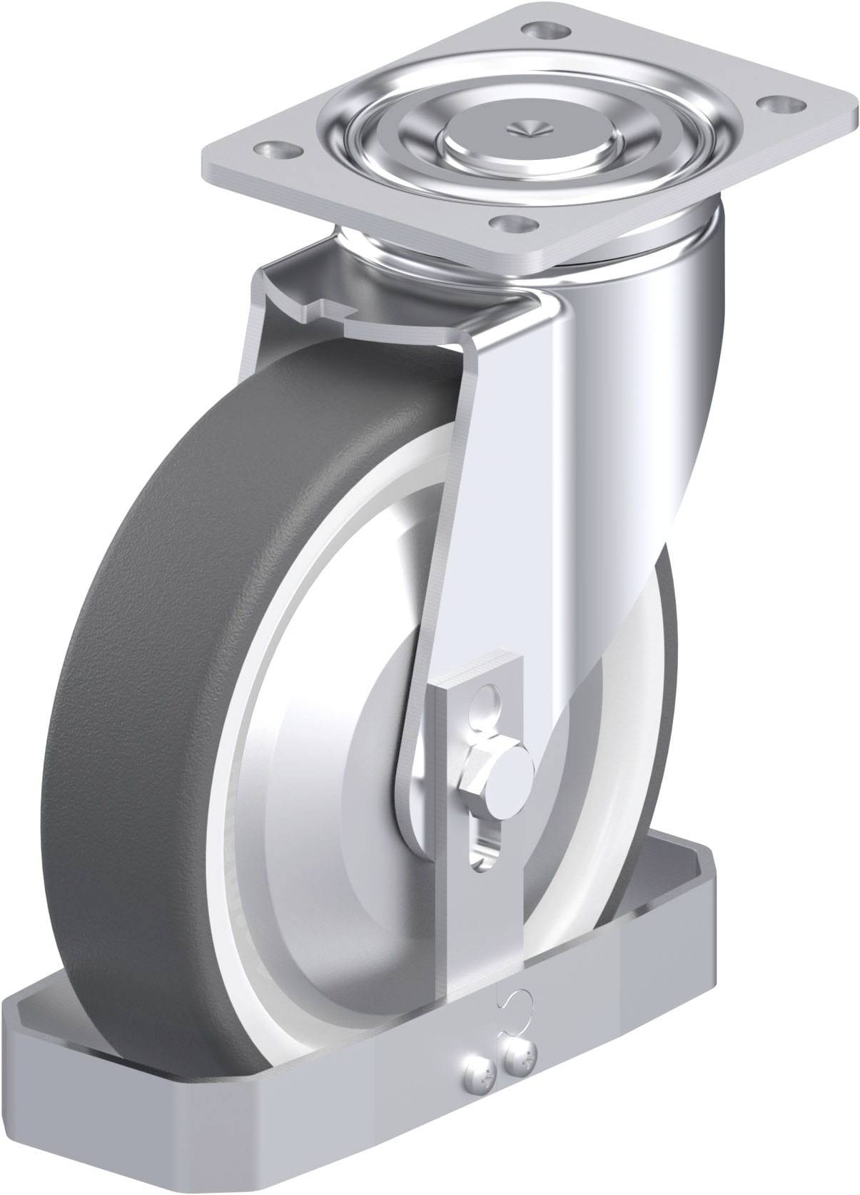 Industrielle Lenkrolle mit Metallgehäuse und schwarzem Rad, geeignet für schwere Lasten. Sie ist ideal für den Einsatz in Produktionsumgebungen.