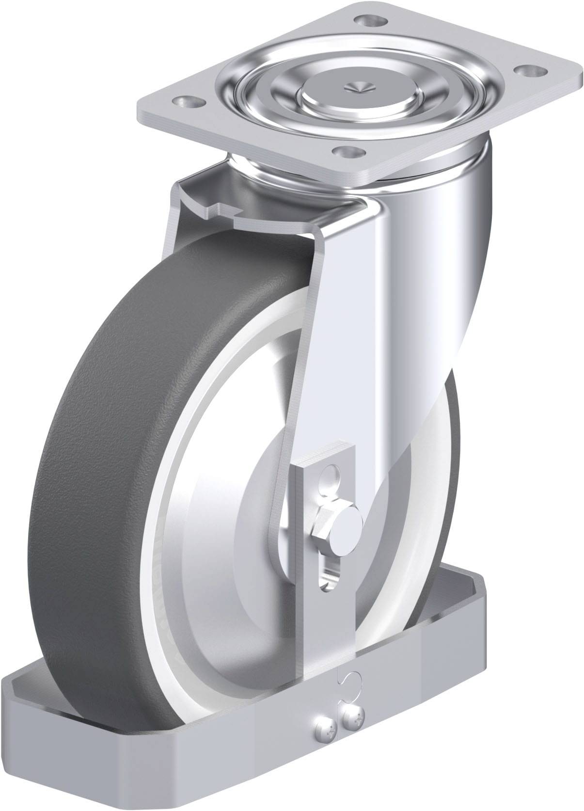 Schwenkrolle aus Metall mit Gummireifen, montiert auf rechteckiger Platte. Geeignet für Möbel oder Industrieflächen.