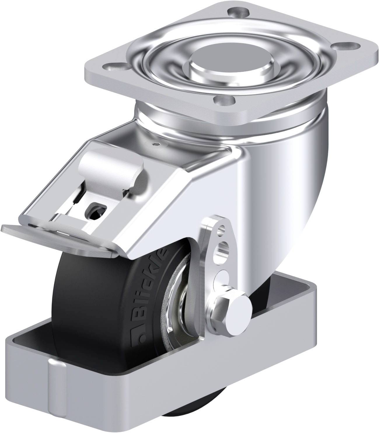 Eine drehbare Lenkrolle mit Metallgehäuse und schwarzem Rad. Sie ist für den Einsatz an Möbeln oder Geräten zur einfachen Bewegung konzipiert.