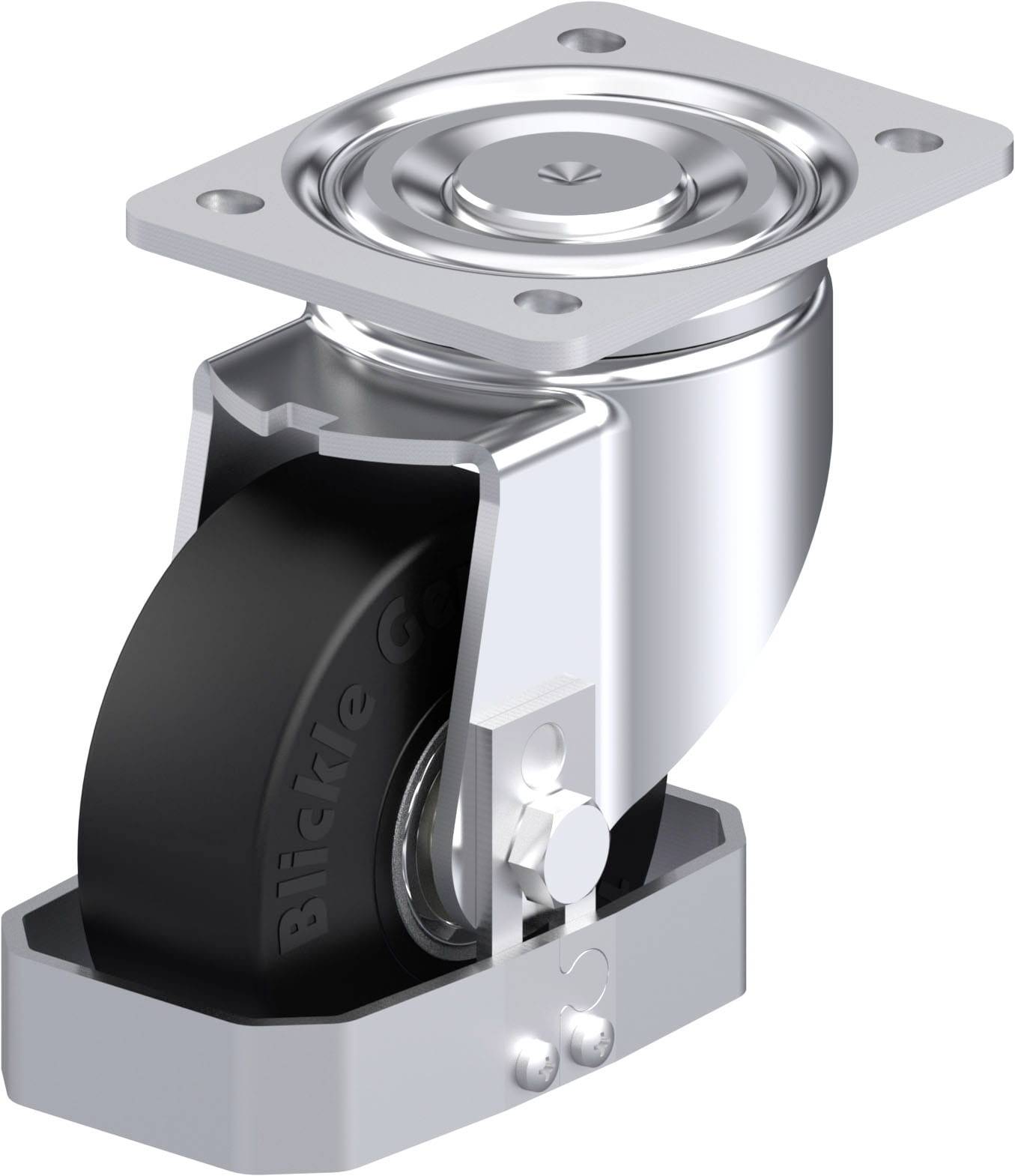 Metallisches Schwenkrollen-Gehäuse mit schwarzem Rad und Befestigungsplatte. Verwendet in Industrie- und Möbelanwendungen.