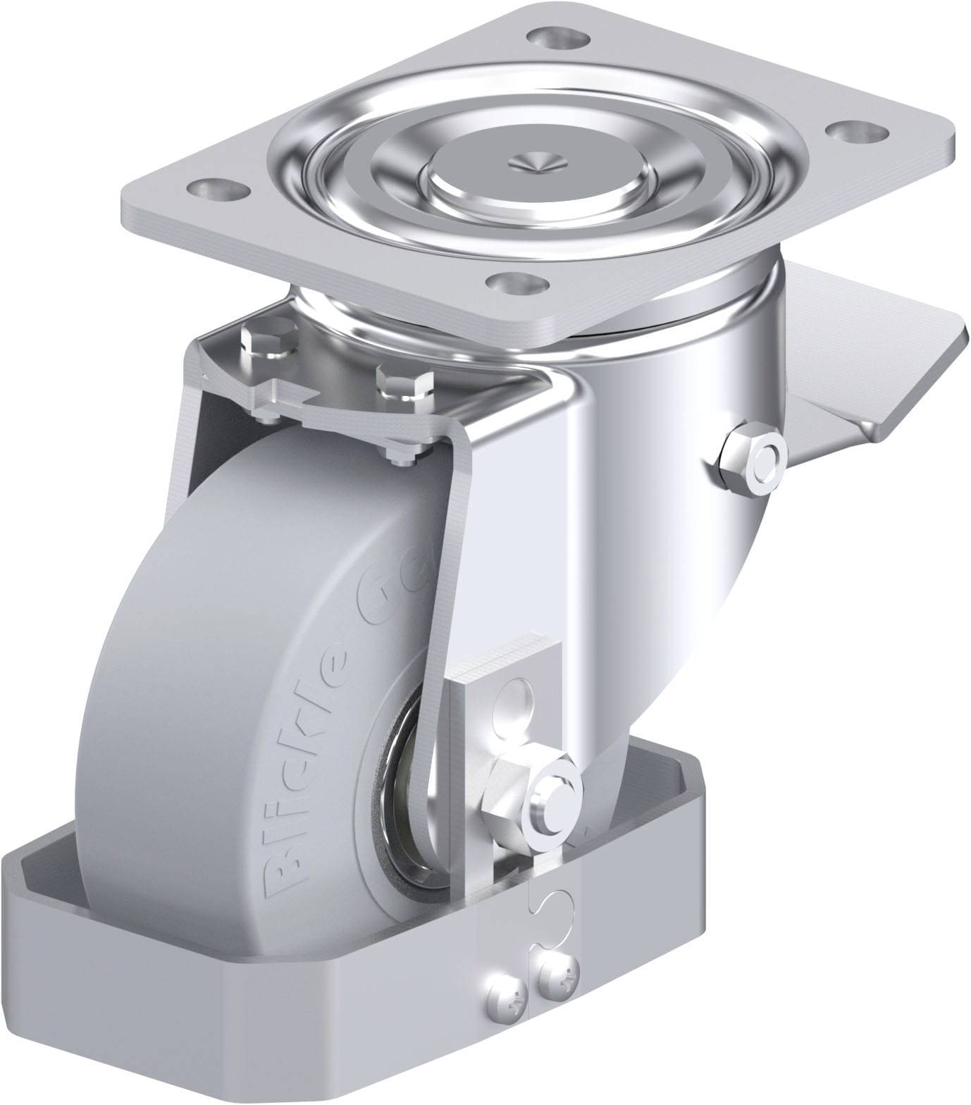 Robustes Metall-Schwenklenkrollensystem mit grauem Rad, geeignet für Schwerlastanwendungen.
