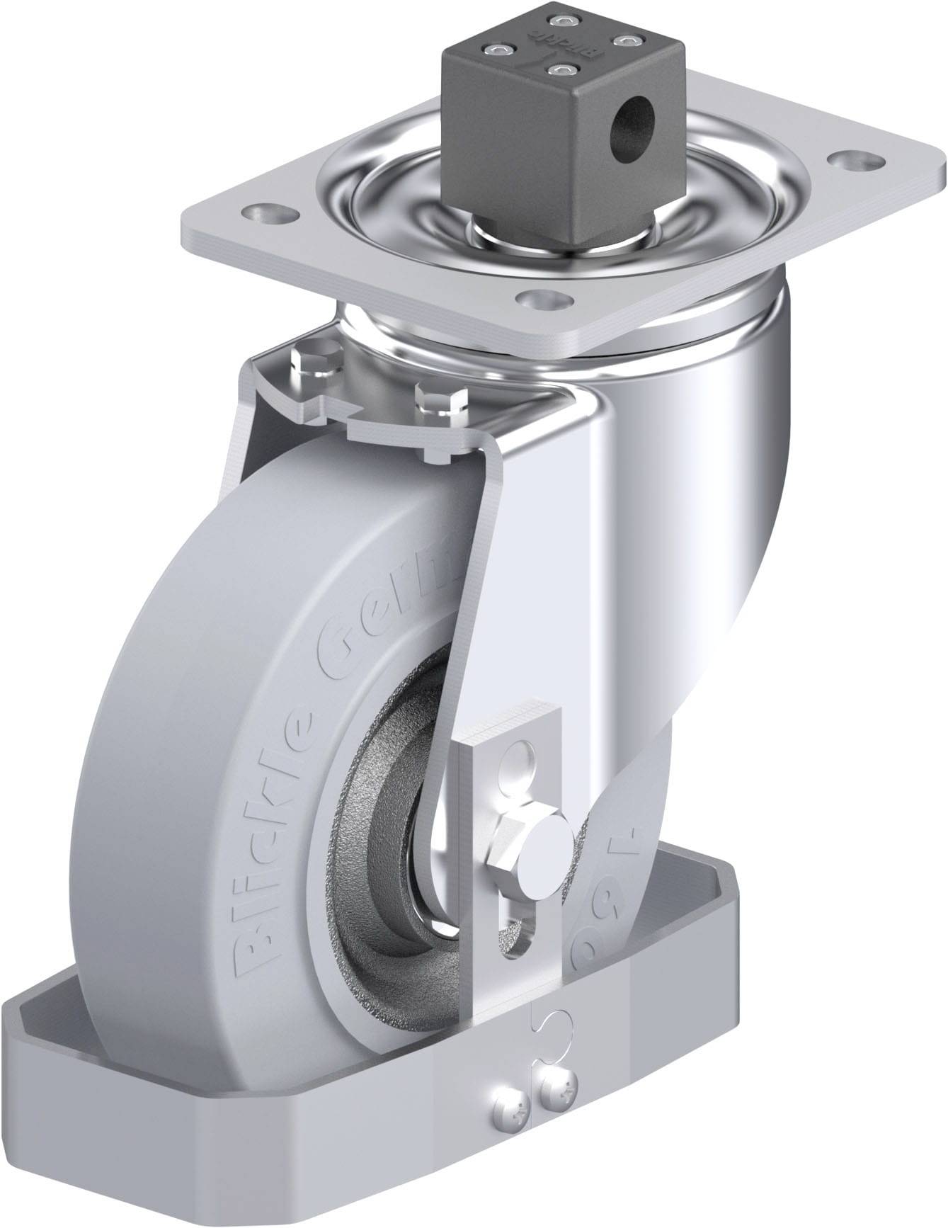 Industrie-Schwenkrolle aus Metall und Kunststoff mit quadratischer Befestigungsplatte, geeignet für schwere Lasten und glatte Oberflächen.