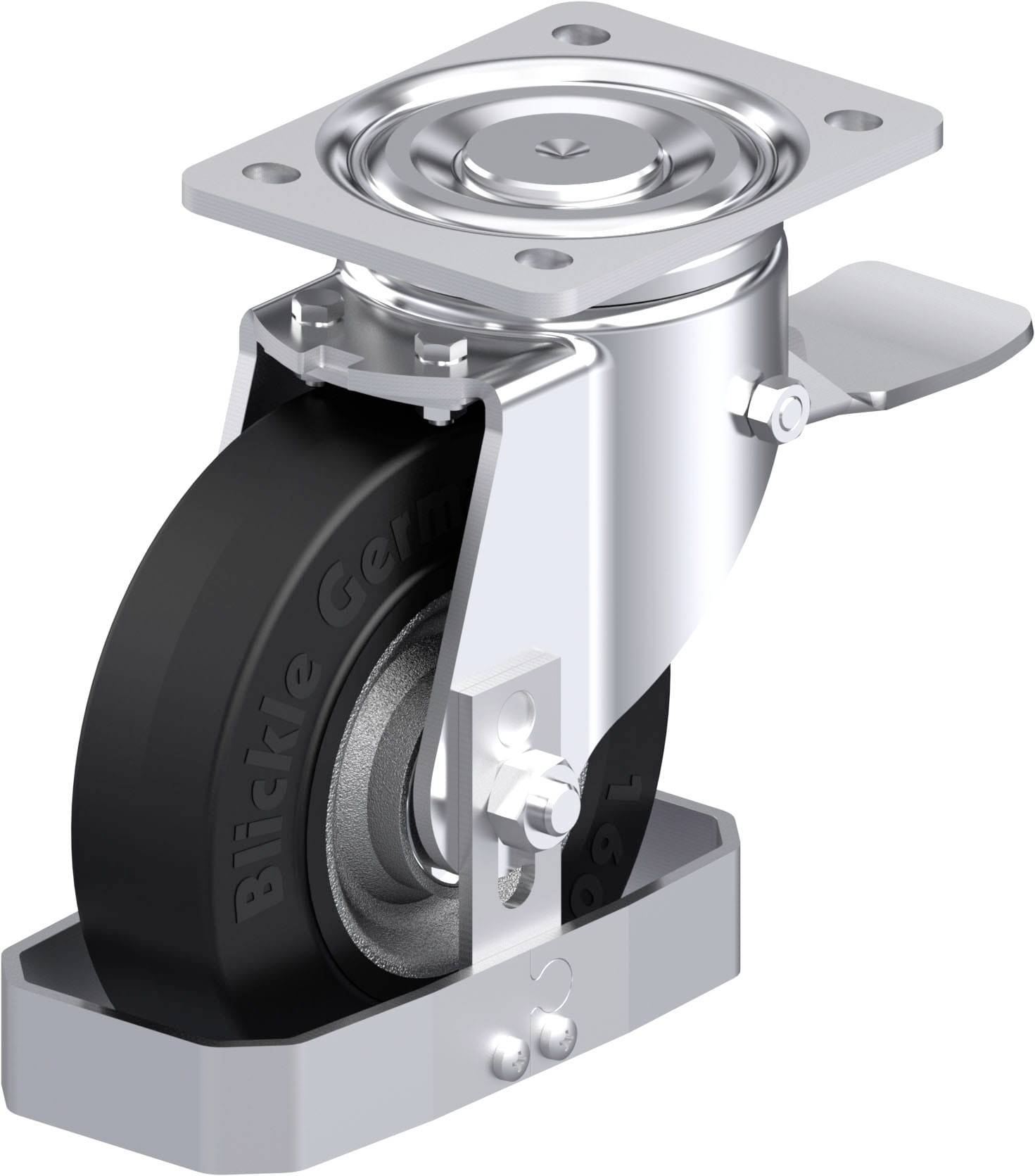 Schwenkrolle aus Metall mit schwarzem Rad und Befestigungsplatte, geeignet für industrielle Anwendungen.