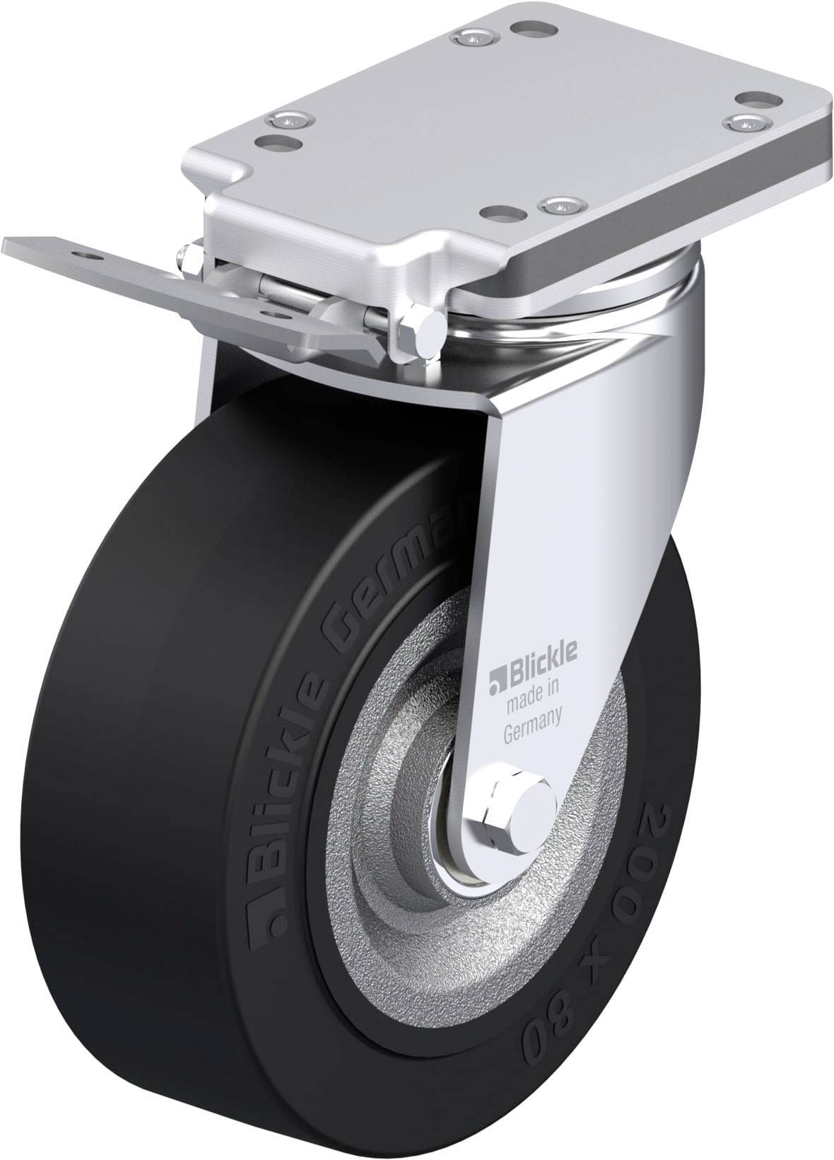 Schwenkrolle mit feststellbarem Metallgehäuse und schwarzem Rad, für industrielle Anwendungen. Aufdruck: 'Blickle made in Germany'.