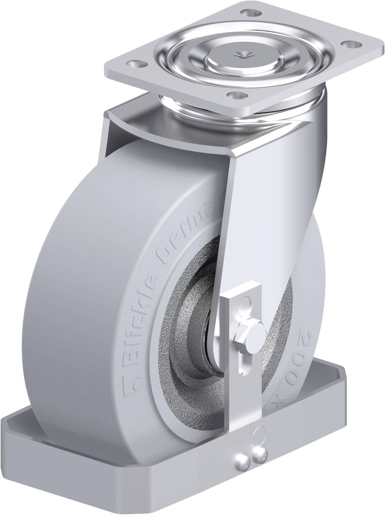 Schwenkrolle aus Metall mit grauem Rad, geeignet für schwere Lasten. Sie hat eine robuste Konstruktion und ein oberes Befestigungsblech.