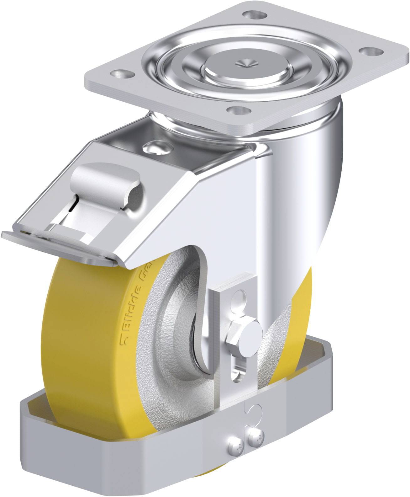 Ein drehbares Industriellenkrolle mit gelbem Rad und Metallplatte zur Befestigung, geeignet für schwere Lasten in industriellen Anwendungen.