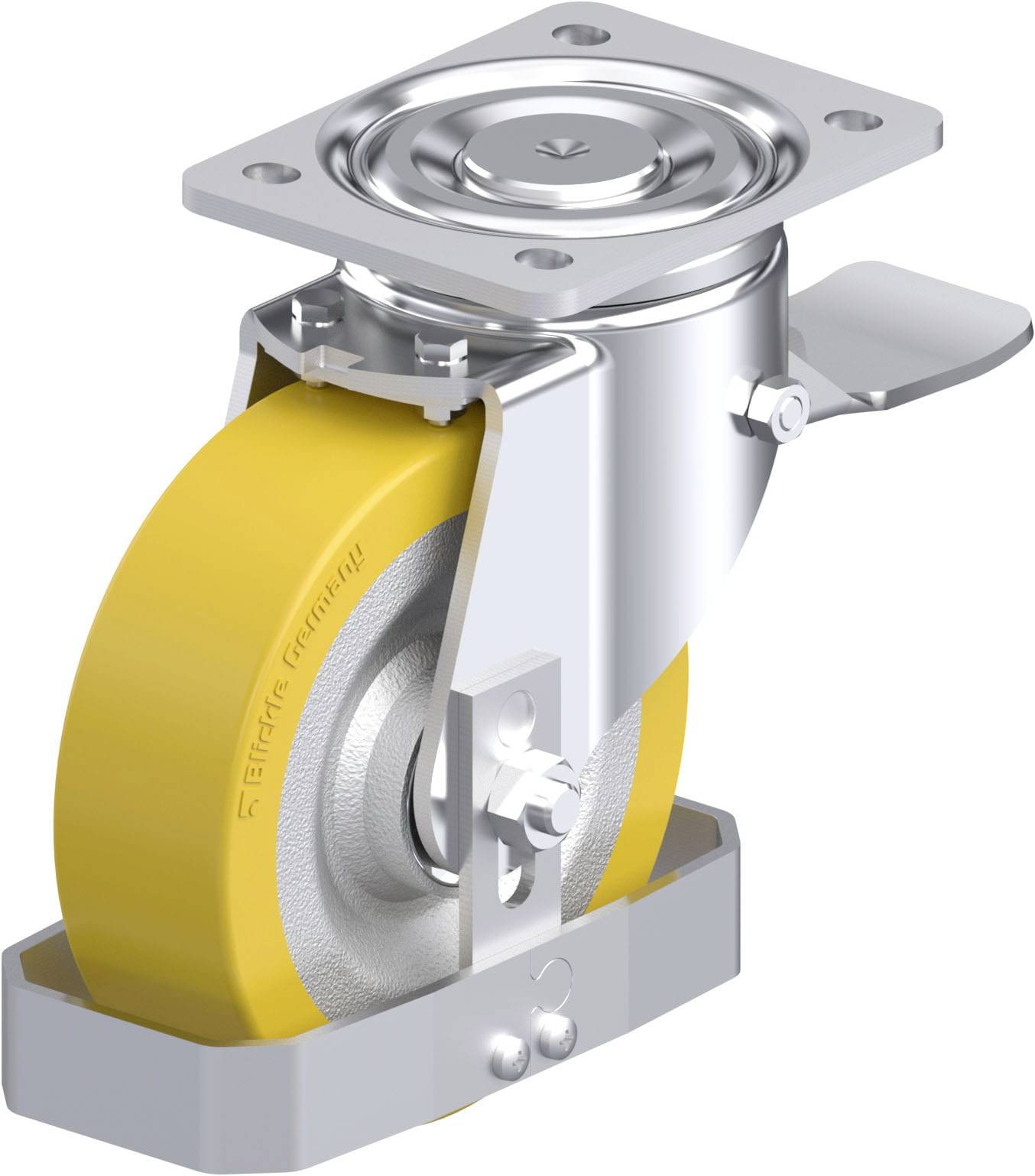 Drehbares Schwerlastrolle mit gelbem Rad und Metallgehäuse. Verfügt über eine rechteckige Montageplatte und Bremse an der Seite.