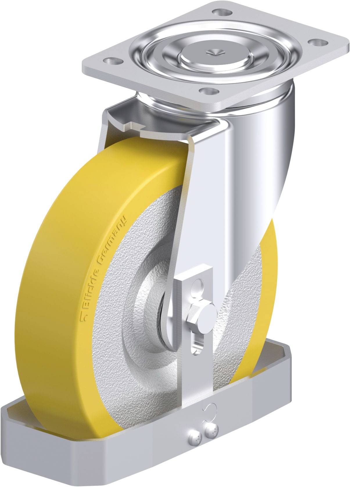 Das Bild zeigt eine industrielle Lenkrolle mit gelbem Rad und metallischer Halterung, die auf einem rechteckigen Befestigungsplatte montiert ist.