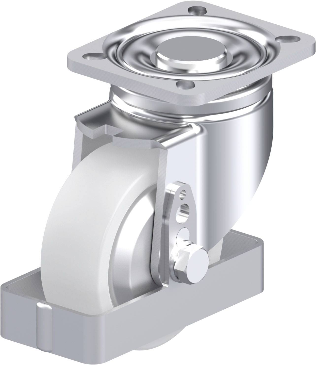 Einzelnes drehbares Rad mit Metallgehäuse und Befestigungsplatte, oft als Möbelrolle verwendet. Silberfarbene Metallteile, weißes Rad.