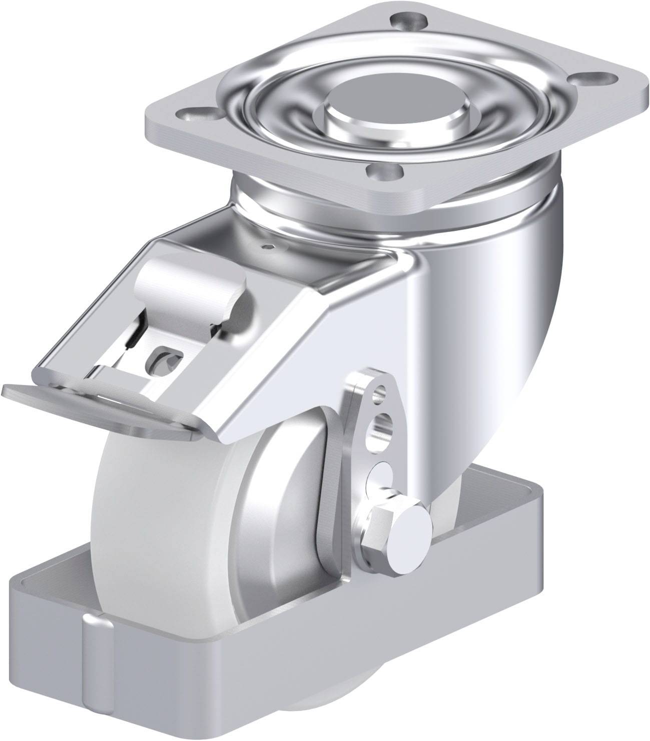 Ein silbernes Lenkrollen-Laufwerk mit einer Bremse, geeignet für industrielle Anwendungen. Zeigt ein robustes Metall-Design.