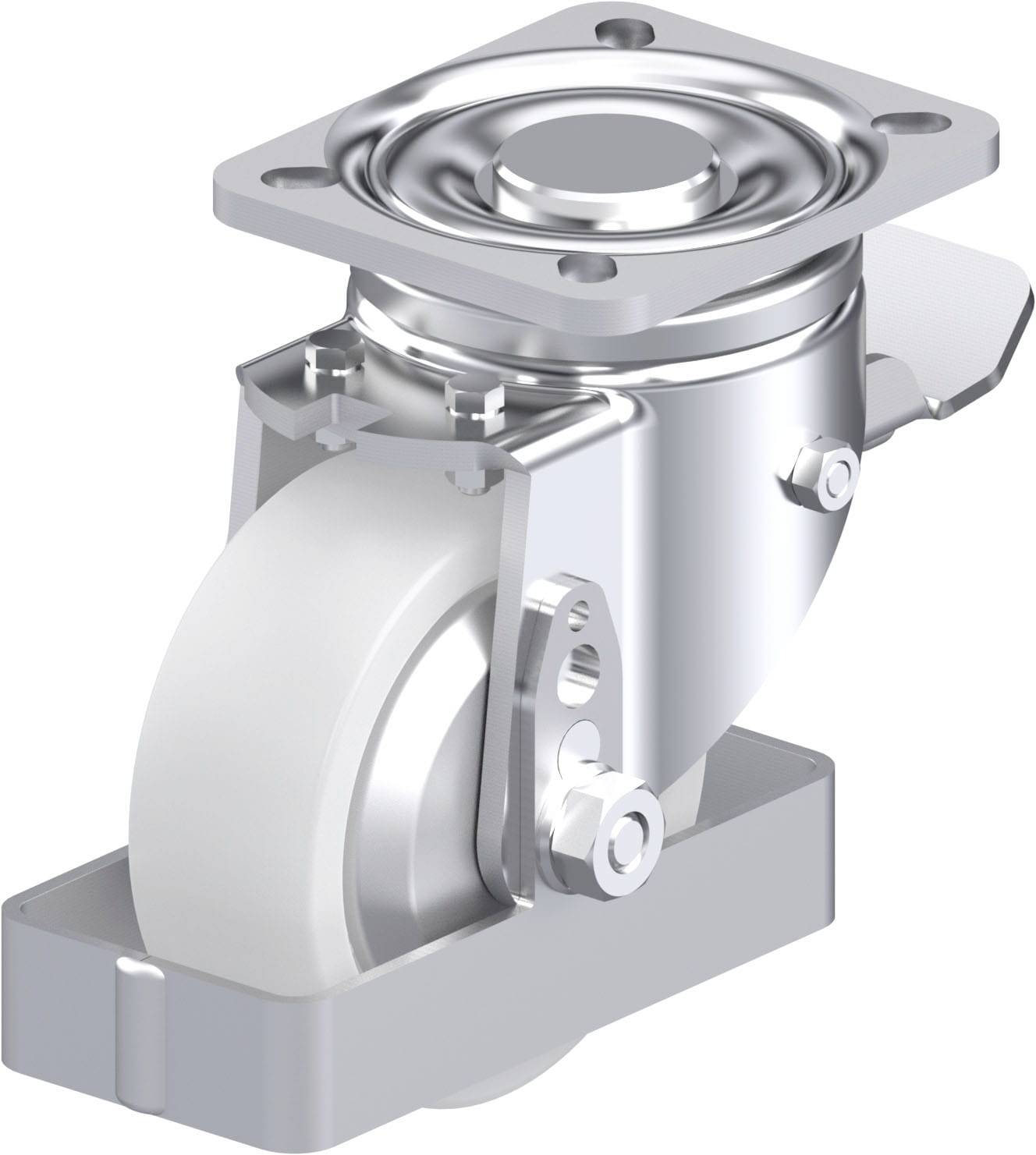 Industrie-Lenkrolle aus Metall mit weißem Rad, drehbar gelagert, geeignet für die Verwendung in Transportgeräten oder Maschinen.