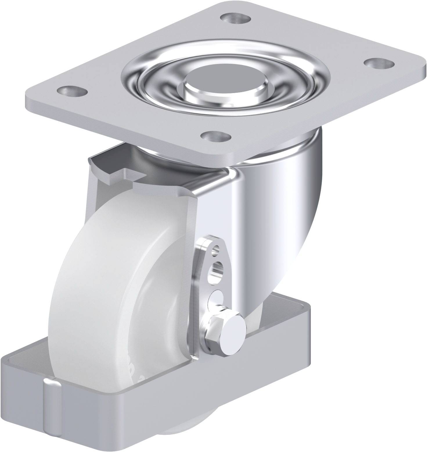 Drehbares Rollenrad mit rechteckiger Montageplatte und weißem Rad, geeignet für Möbel oder transportierende Vorrichtungen.