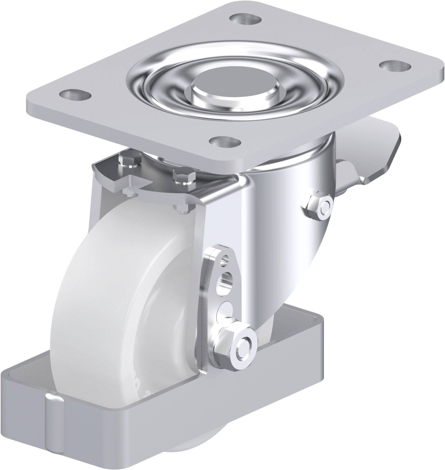 Lenkrolle aus Metall mit weißem Rad und Montageplatte, geeignet für Möbel oder Transportgeräte. Robustes Design für Belastbarkeit.