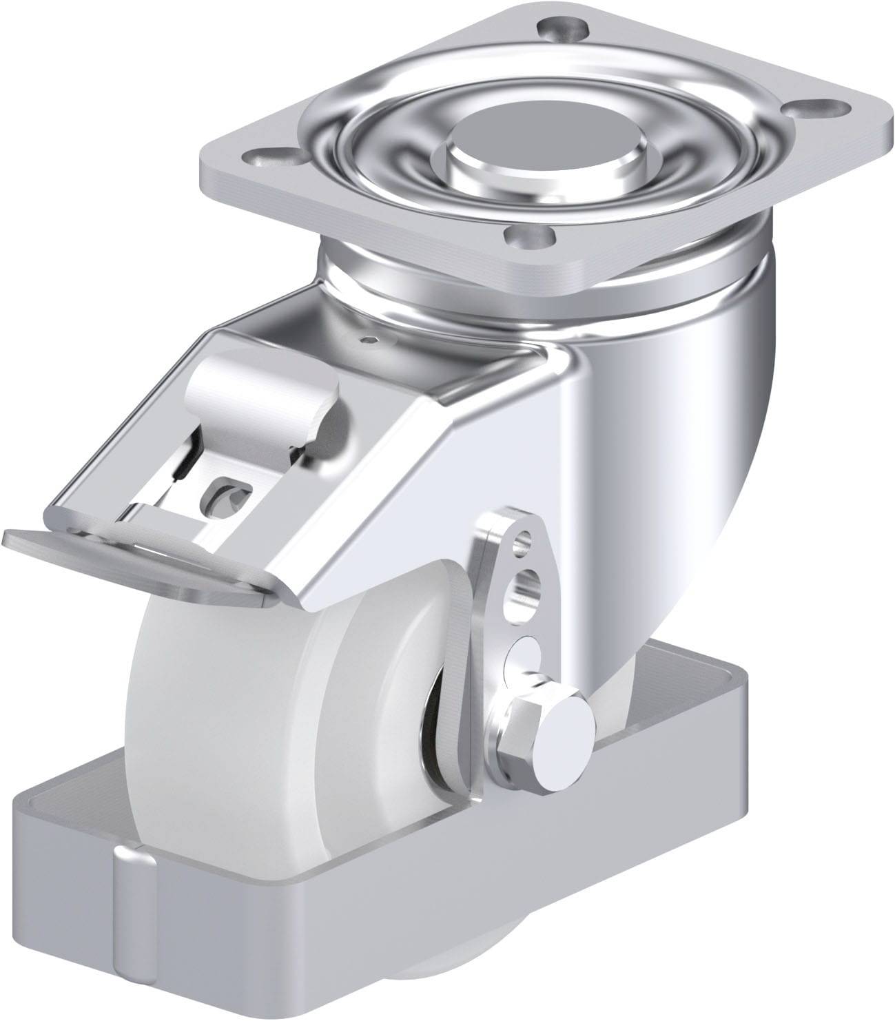 Ein Lenkrolle aus Metall und Kunststoff mit einer rechteckigen Befestigungsplatte, geeignet für den Einsatz an Möbeln oder Industrieausrüstung.