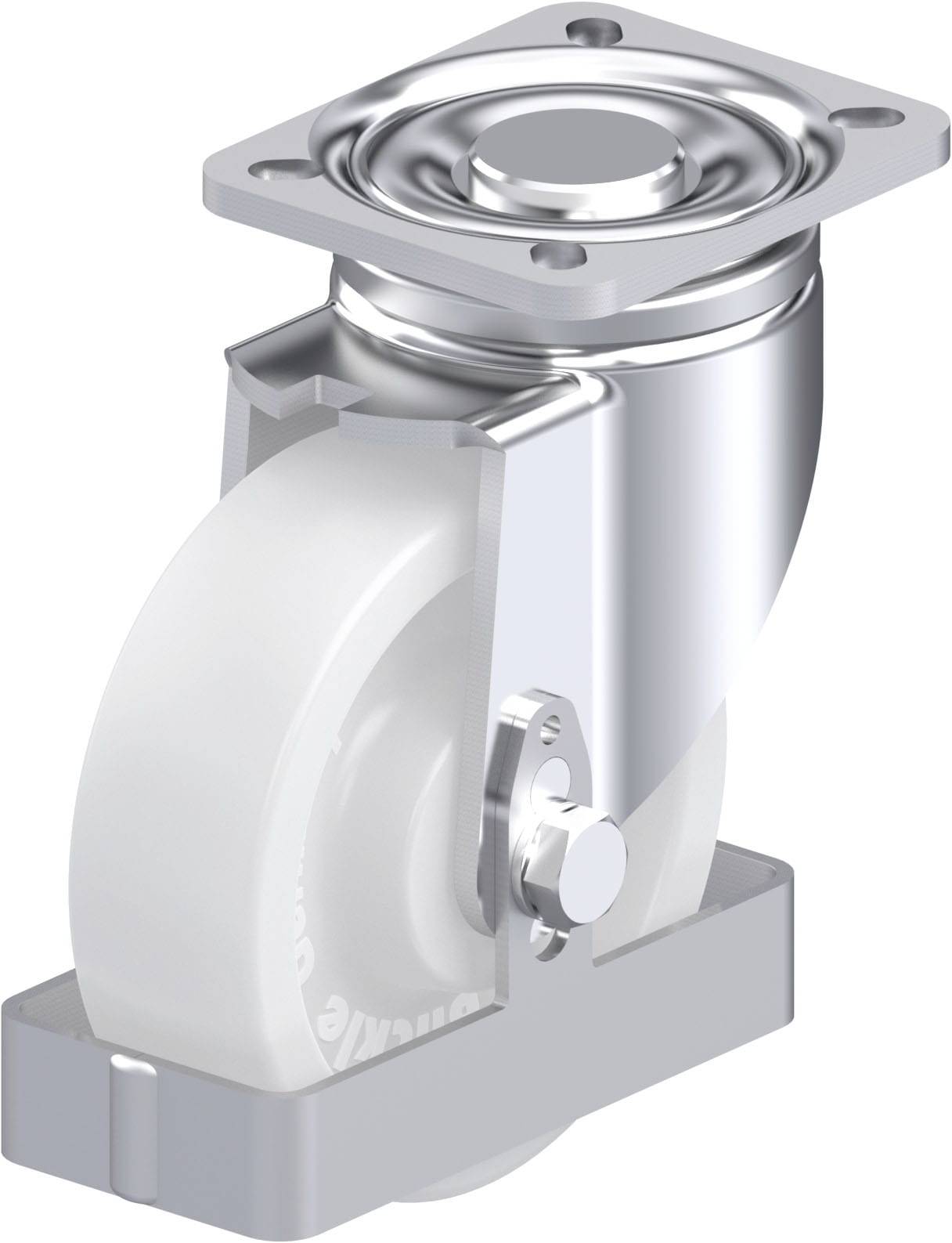 Lenkrolle aus Metall und Kunststoff, geeignet für Möbel oder Industrieausrüstungen. Dreht um 360 Grad mit einer Platte zur Befestigung.