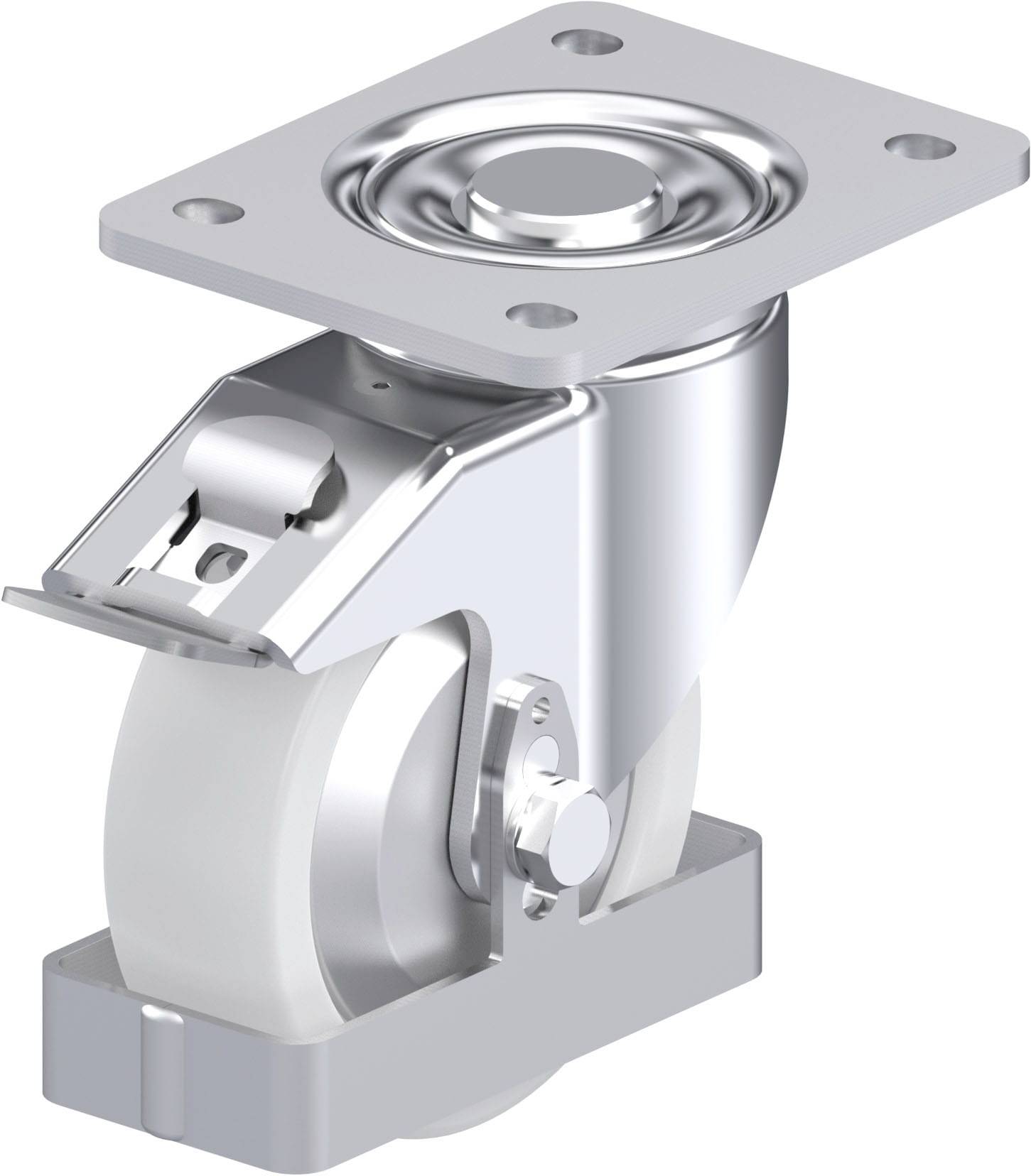 Metallisches Schwenkrollenrad mit Montageplatte, geeignet für Möbel oder Geräte, bietet Beweglichkeit und Stabilität.