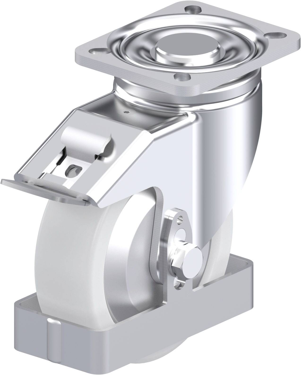 Metallisches Schwerlast-Lenkrolle mit weißem Rad und Befestigungsplatte, ideal für industrielle Anwendungen und schwere Lasten.