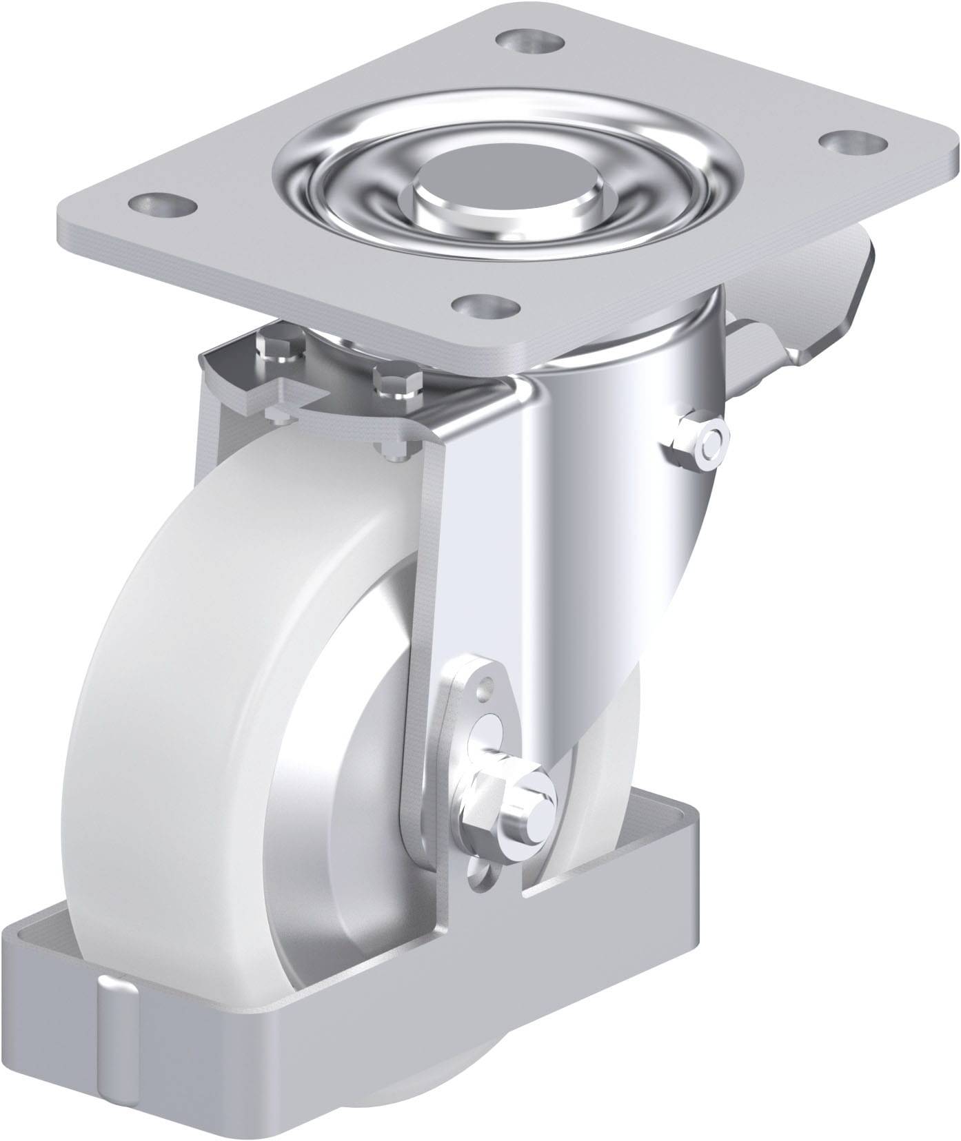 Schwenkrolle aus Metall mit weißem Rad, geeignet für den Einsatz an Möbeln oder Geräten für leichten Transport und Manövrieren.