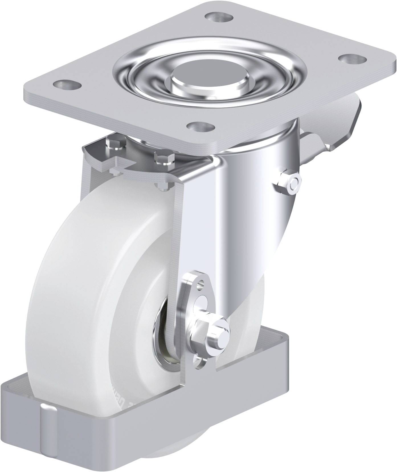 Schwenkrolle mit Edelstahlgehäuse und weißem Rad, geeignet für Möbel oder Transportwagen, auf neutralem Hintergrund.