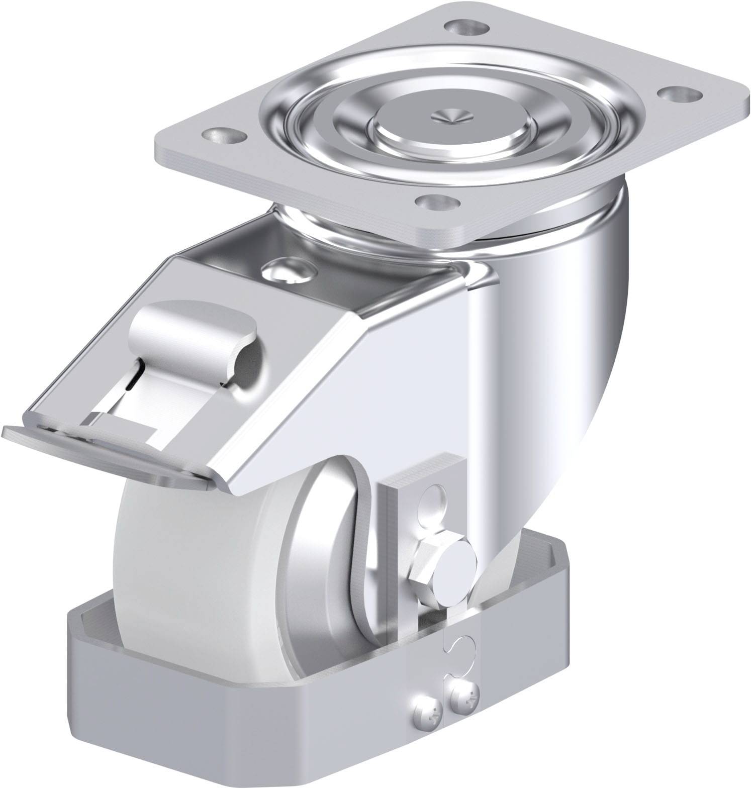 Metallisches Schwenkrad mit quadratischer Befestigungsplatte, geeignet für industrielle Anwendungen.