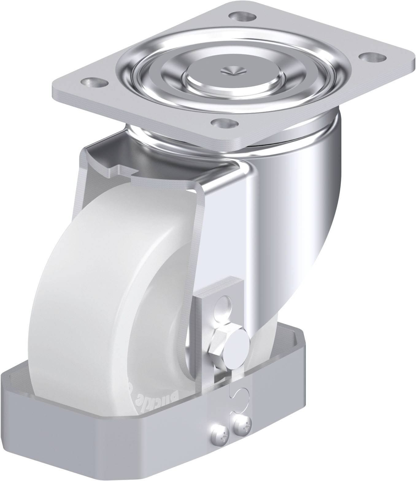 Ein drehbares Lenkrollenrad aus Metall und Kunststoff, geeignet für Möbel oder Geräte, mit quadratischer Montageplatte und Schraubenlöchern.