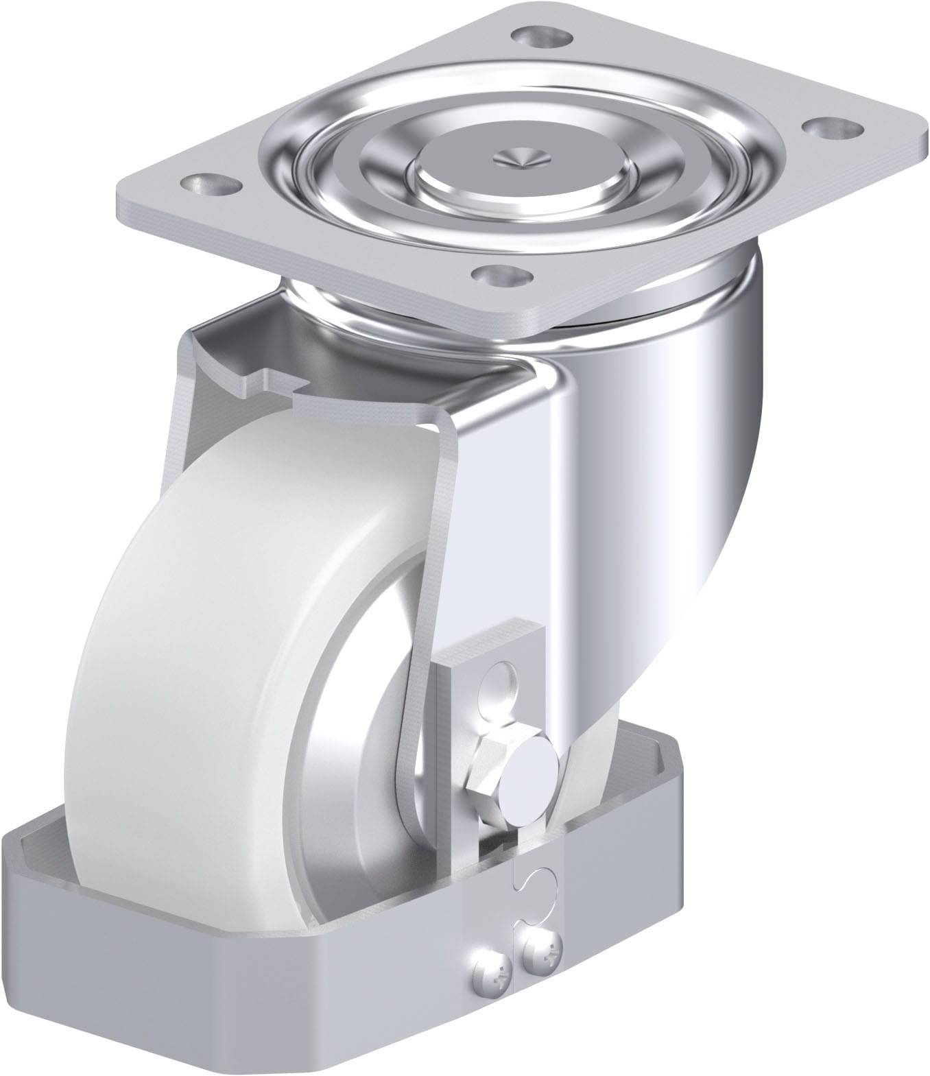 Rolle mit Gehäuse aus Metall und einem weißen Rad, geeignet für den Einsatz in Möbeln oder Transportgeräten zur einfachen Bewegung.