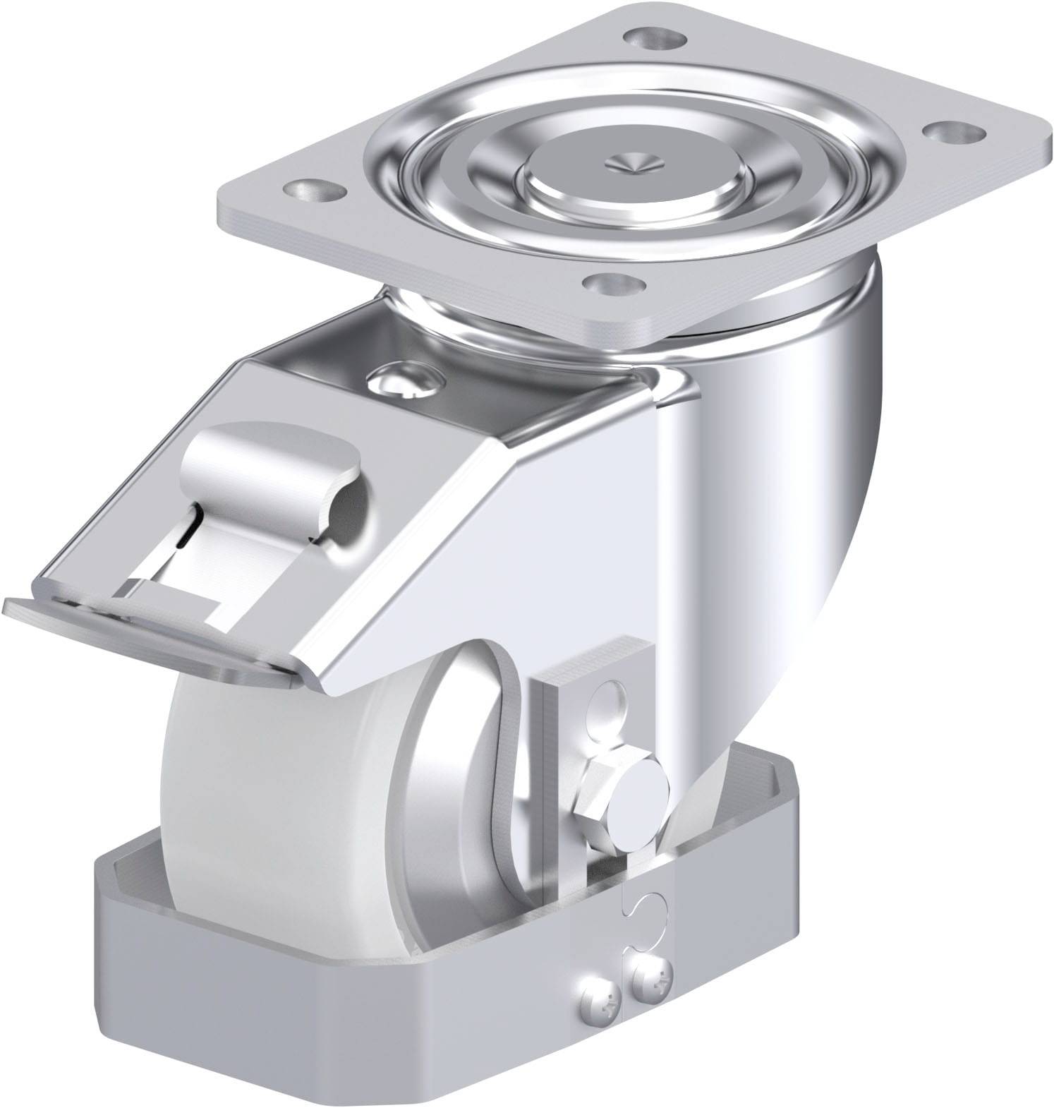 Industrielle Laufrolle aus Metall mit festem Gehäuse und weißem Rad, integriertem Befestigungsmechanismus und schwenkbarer Halterung.
